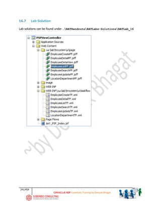 241/454
ADF Essentials Training by Deepak Bhagat
16.7 Lab Solution
Lab solutions can be found under …BATHandoutsBATLabs-SolutionsBATLab_16
BAT
bat
bat
 