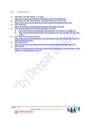 15/454
ADF Essentials Training by Deepak Bhagat
1.9 References -o
1) JDeveloper and ADF Release 12.2.1.0.0:
https://www.oracle.com/tools/downloads/jdev-v12210-downloads.html
2) JDeveloper and ADF Latest Release, Technical Resources & Learn more:
https://www.oracle.com/application-development/technologies/jdeveloper.html
3) ADF Homepage:
https://www.oracle.com/database/technologies/developer-tools/adf/
4) Step by Step Building Simple Demo Application with ADF:
a) http://docs.oracle.com/cd/E53569_01/tutorials/tut_rich_app/tut_rich_app.html
b) http://docs.oracle.com/cd/E53569_01/tutorials/tut_rich_app_alta/tut_rich_app_alta_
1.html
5) ADF Faces Rich Component Demos:
https://docs.oracle.com/middleware/1221/adf/develop-faces/GUID-EE22FD96-2723-4F07-
95A9-04931E42C365.htm
6) ADF Code Corner:
https://www.oracle.com/application-development/technologies/adf/codecorner.html
7) ADF Forums:
https://community.oracle.com/community/java/java_development_tools/application_devel
opment_in_java/jdeveloper_and_adf
 
