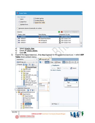 261/454
ADF Essentials Training by Deepak Bhagat
a) Select Single Row,
b) Check all check boxes,
c) Click OK.
3) Expand the Departments1, drag Employees3 to the panelCollection > select ADF
Table (from context menu).
BAT
BAT
BAT
BAT
BAT
 