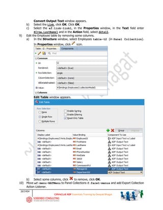 267/454
ADF Essentials Training by Deepak Bhagat
Convert Output Text window appears.
b) Select the Link, click OK. Click OK.
c) Select the af:link-link1, in the Properties window, in the Text field enter
#{row.LastName} and in the Action field, select detail.
9) Edit the Employee table by removing some columns.
a) In the Structure window, select Employees table-t2 (in Panel Collection).
In Properties window, click icon.
Edit Table window appears.
b) Select some columns, click to remove, click OK.
10) Move af:menu-BATMenu to Panel Collections f:facet-menus and add Export Collection
Action Listener.
 