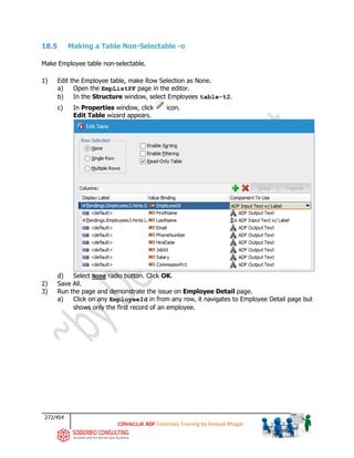272/454
ADF Essentials Training by Deepak Bhagat
18.5 Making a Table Non-Selectable -o
Make Employee table non-selectable.
1) Edit the Employee table, make Row Selection as None.
a) Open the EmpListPF page in the editor.
b) In the Structure window, select Employees table-t2.
c) In Properties window, click icon.
Edit Table wizard appears.
d) Select None radio button. Click OK.
2) Save All.
3) Run the page and demonstrate the issue on Employee Detail page.
a) Click on any EmployeeId in from any row, it navigates to Employee Detail page but
shows only the first record of an employee.
 