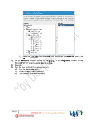 282/454
ADF Essentials Training by Deepak Bhagat
ii) Select the link-ot3 from Available pane and shuttle it to Selected pane. Click
OK.
7) In the Structure window. Select the af:popup, in the Properties window, in the
ConentDelivery property, select lazyUncached.
8) Save All.
9) Run the page and test the graph component.
a) Run the BATIndex page.
b) Click the DepartmentName link.
c) It shows Popup with Salary Graph.
 