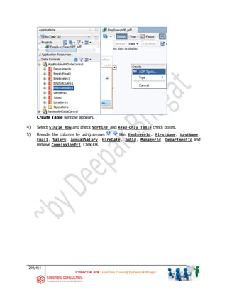 292/454
ADF Essentials Training by Deepak Bhagat
Create Table window appears.
4) Select Single Row and check Sorting and Read-Only Table check boxes.
5) Reorder the columns by using arrows like: EmployeeId, FirstName, LastName,
Email, Salary, AnnualSalary, HireDate, JobId, ManagerId, DepartmentId and
remove CommissionPct. Click OK.
BAT
 