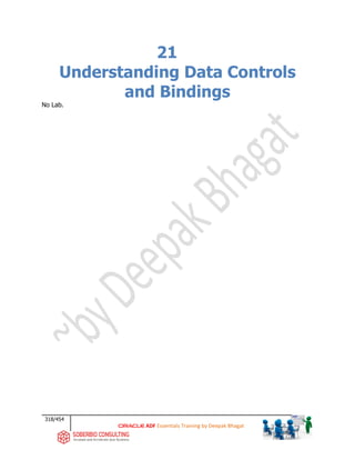 318/454
ADF Essentials Training by Deepak Bhagat
21
Understanding Data Controls
and Bindings
No Lab.
 