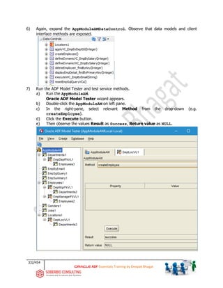 332/454
ADF Essentials Training by Deepak Bhagat
6) Again, expand the AppModuleAMDataControl. Observe that data models and client
interface methods are exposed.
7) Run the ADF Model Tester and test service methods.
a) Run the AppModuleAM.
Oracle ADF Model Tester wizard appears.
b) Double-click the AppModuleAM on left pane.
c) In the right-pane, select relevant Method from the drop-down (e.g.
createEmployee).
d) Click the Execute button.
e) Then observe the values Result as Success, Return value as NULL.
 