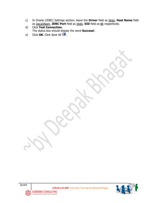 26/454
ADF Essentials Training by Deepak Bhagat
c) In Oracle (JDBC) Settings section, leave the Driver field as thin, Host Name field
as localhost, JDBC Port field as 1521, SID field as XE respectively.
d) Click Test Connection.
The status box should display the word Success!.
e) Click OK. Click Save All .
 