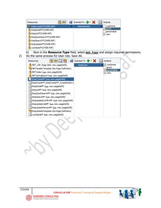 373/454
ADF Essentials Training by Deepak Bhagat
b) Now in the Resource Type field, select Web Page and assign required permissions.
2) Do the same process for User role. Save All.
BAT
BAT
BAT
BAT
bat
bat
bat
bat
bat
bat
bat
bat
bat
bat
bat
bat
 