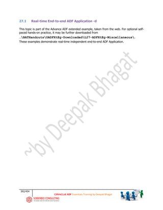 392/454
ADF Essentials Training by Deepak Bhagat
27.1 Real-time End-to-end ADF Application -d
This topic is part of the Advance ADF extended example, taken from the web. For optional self-
paced hands-on practice, it may be further downloaded from
…BATHandoutsOADFXtEg-DownloadedL27-ADFXtEg-Miscellaneous.
These examples demonstrate real-time independent end-to-end ADF Application.
 