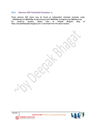 431/454
ADF Essentials Training by Deepak Bhagat
29.6 Advance ADF Extended Examples -x
These advance ADF topics may be found as independent extended examples under
…BATHandoutsBATXtEg-ProprietaryL29-BATXtEg-Integrating-WebService.
For hands-on practice, please refer to Deepak Bhagat’s Blog at
https://cloudadfdeepakb.blogspot.com or download from the above location.
 