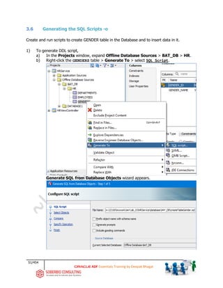 51/454
ADF Essentials Training by Deepak Bhagat
3.6 Generating the SQL Scripts -o
Create and run scripts to create GENDER table in the Database and to insert data in it.
1) To generate DDL script,
a) In the Projects window, expand Offline Database Sources > BAT_DB > HR.
b) Right-click the GENDERS table > Generate To > select SQL Script.
Generate SQL from Database Objects wizard appears.
BAT
BAT BAT
BAT
 