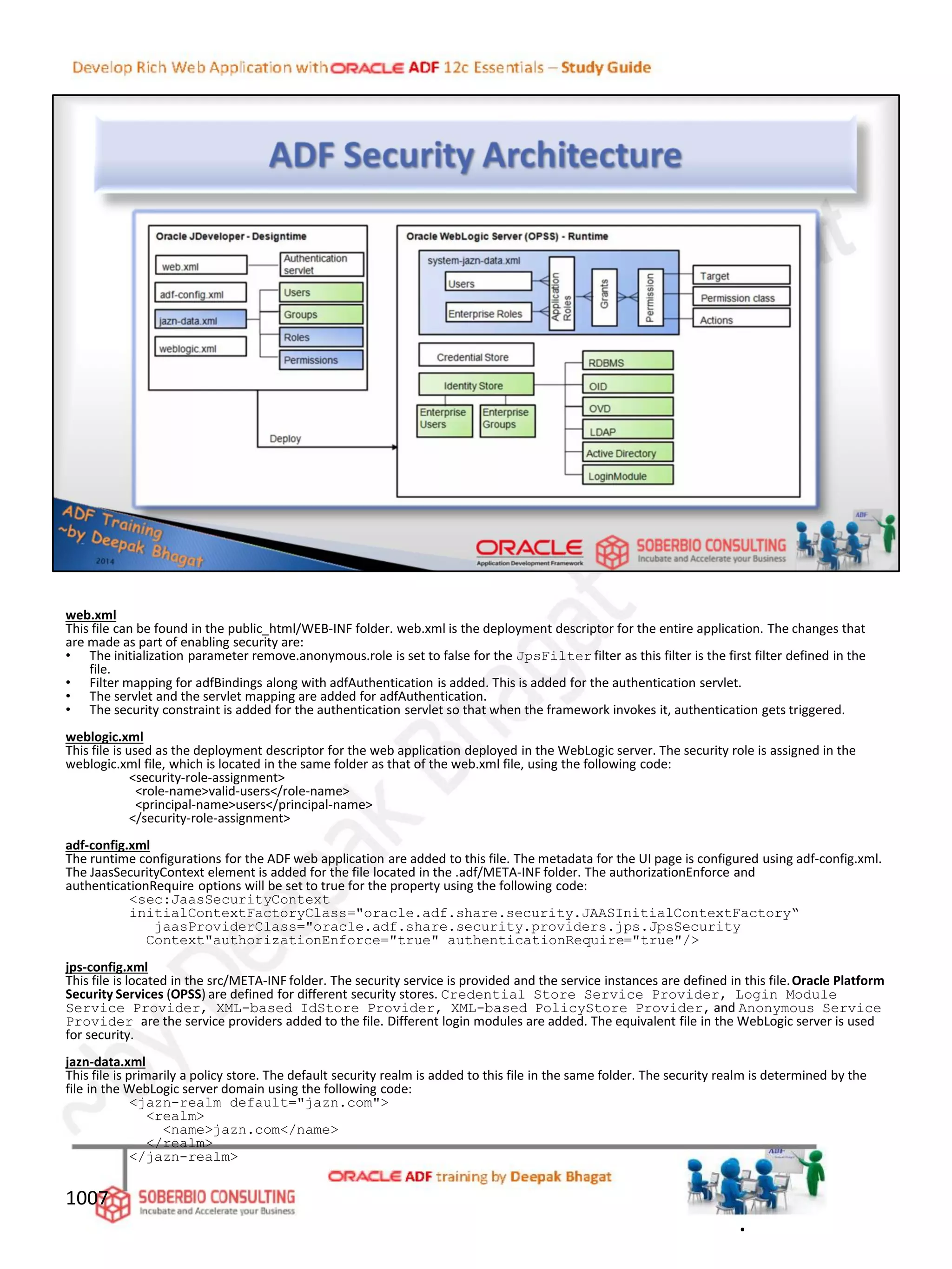 web.xml
This file can be found in the public_html/WEB-INF folder. web.xml is the deployment descriptor for the entire application. The changes that
are made as part of enabling security are:
• The initialization parameter remove.anonymous.role is set to false for the JpsFilter filter as this filter is the first filter defined in the
file.
• Filter mapping for adfBindings along with adfAuthentication is added. This is added for the authentication servlet.
• The servlet and the servlet mapping are added for adfAuthentication.
• The security constraint is added for the authentication servlet so that when the framework invokes it, authentication gets triggered.
weblogic.xml
This file is used as the deployment descriptor for the web application deployed in the WebLogic server. The security role is assigned in the
weblogic.xml file, which is located in the same folder as that of the web.xml file, using the following code:
<security-role-assignment>
<role-name>valid-users</role-name>
<principal-name>users</principal-name>
</security-role-assignment>
adf-config.xml
The runtime configurations for the ADF web application are added to this file. The metadata for the UI page is configured using adf-config.xml.
The JaasSecurityContext element is added for the file located in the .adf/META-INF folder. The authorizationEnforce and
authenticationRequire options will be set to true for the property using the following code:
<sec:JaasSecurityContext
initialContextFactoryClass="oracle.adf.share.security.JAASInitialContextFactory“
jaasProviderClass="oracle.adf.share.security.providers.jps.JpsSecurity
Context"authorizationEnforce="true" authenticationRequire="true"/>
jps-config.xml
This file is located in the src/META-INF folder. The security service is provided and the service instances are defined in this file.Oracle Platform
Security Services (OPSS) are defined for different security stores. Credential Store Service Provider, Login Module
Service Provider, XML-based IdStore Provider, XML-based PolicyStore Provider, and Anonymous Service
Provider are the service providers added to the file. Different login modules are added. The equivalent file in the WebLogic server is used
for security.
jazn-data.xml
This file is primarily a policy store. The default security realm is added to this file in the same folder. The security realm is determined by the
file in the WebLogic server domain using the following code:
<jazn-realm default="jazn.com">
<realm>
<name>jazn.com</name>
</realm>
</jazn-realm>
1007
.
 