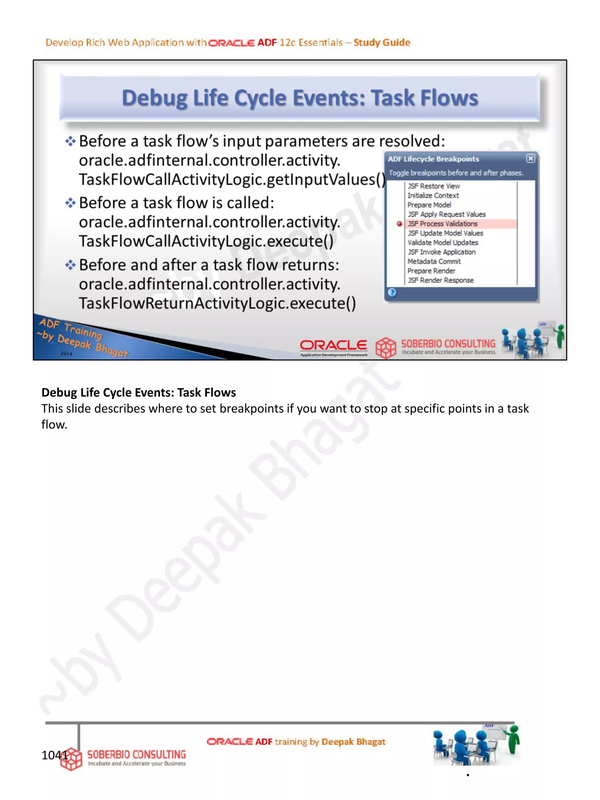 Debug Life Cycle Events: Task Flows
This slide describes where to set breakpoints if you want to stop at specific points in a task
flow.
1041
.
 