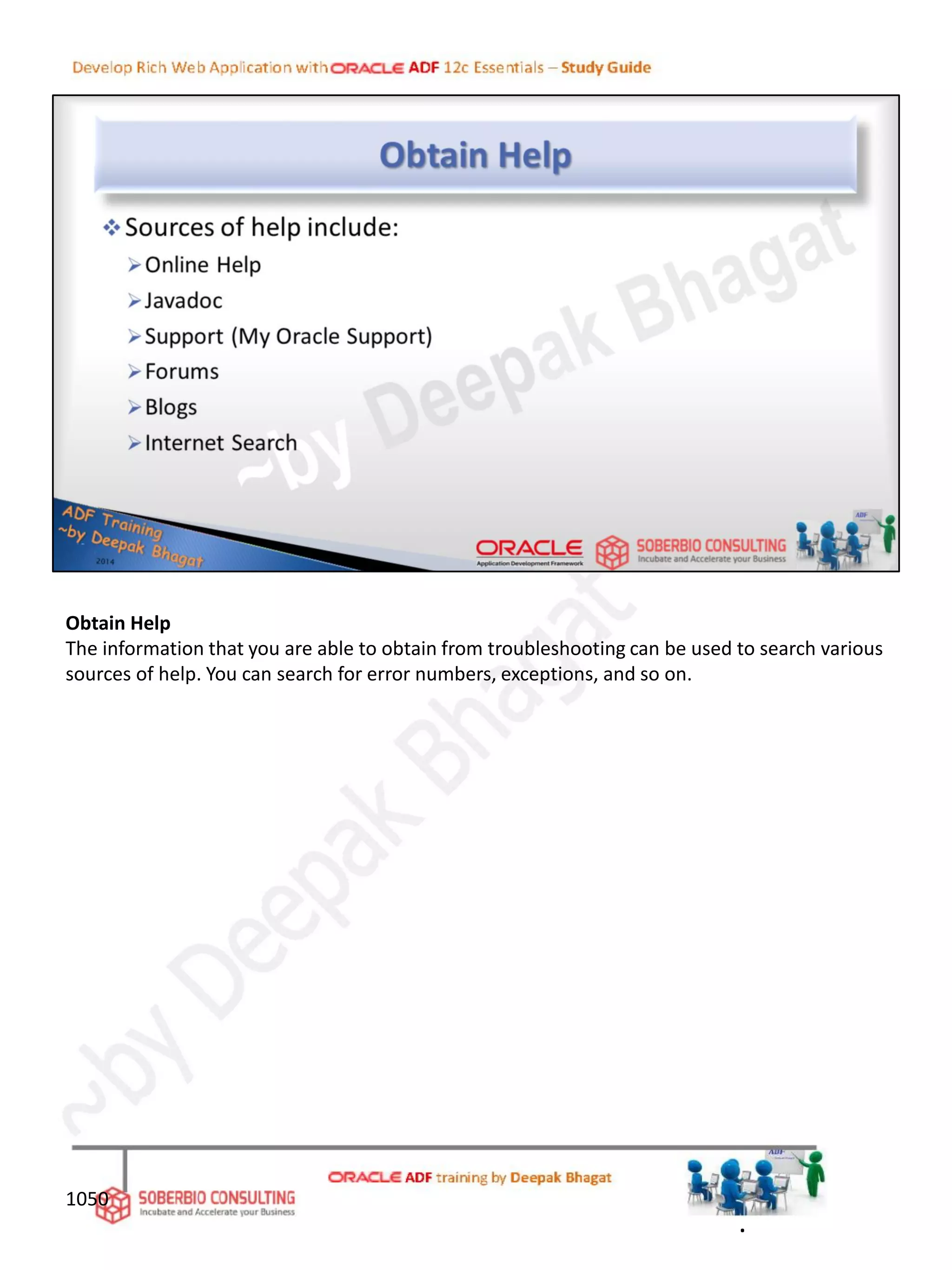 Obtain Help
The information that you are able to obtain from troubleshooting can be used to search various
sources of help. You can search for error numbers, exceptions, and so on.
1050
.
 