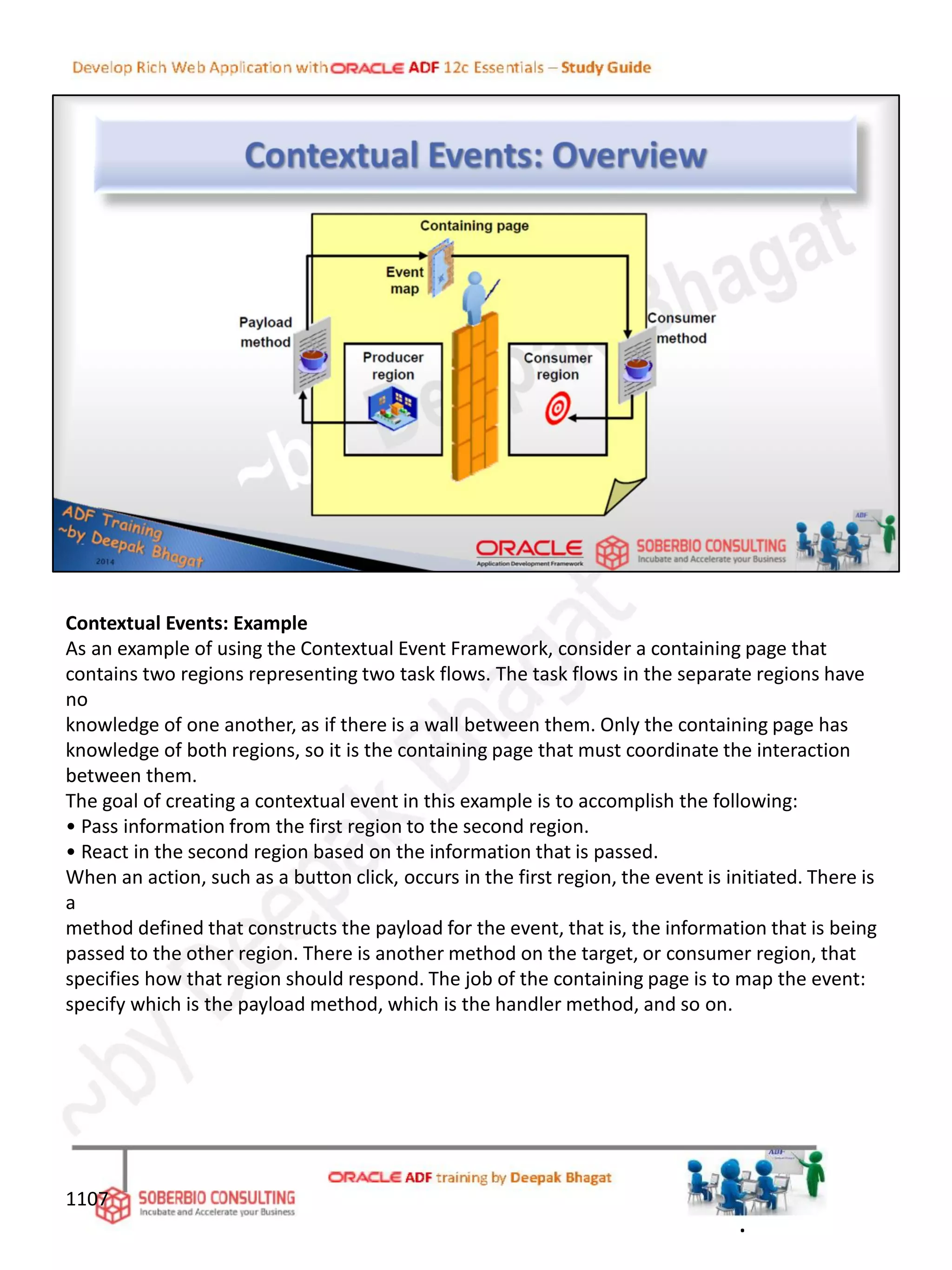 Contextual Events: Example
As an example of using the Contextual Event Framework, consider a containing page that
contains two regions representing two task flows. The task flows in the separate regions have
no
knowledge of one another, as if there is a wall between them. Only the containing page has
knowledge of both regions, so it is the containing page that must coordinate the interaction
between them.
The goal of creating a contextual event in this example is to accomplish the following:
• Pass information from the first region to the second region.
• React in the second region based on the information that is passed.
When an action, such as a button click, occurs in the first region, the event is initiated. There is
a
method defined that constructs the payload for the event, that is, the information that is being
passed to the other region. There is another method on the target, or consumer region, that
specifies how that region should respond. The job of the containing page is to map the event:
specify which is the payload method, which is the handler method, and so on.
1107
.
 
