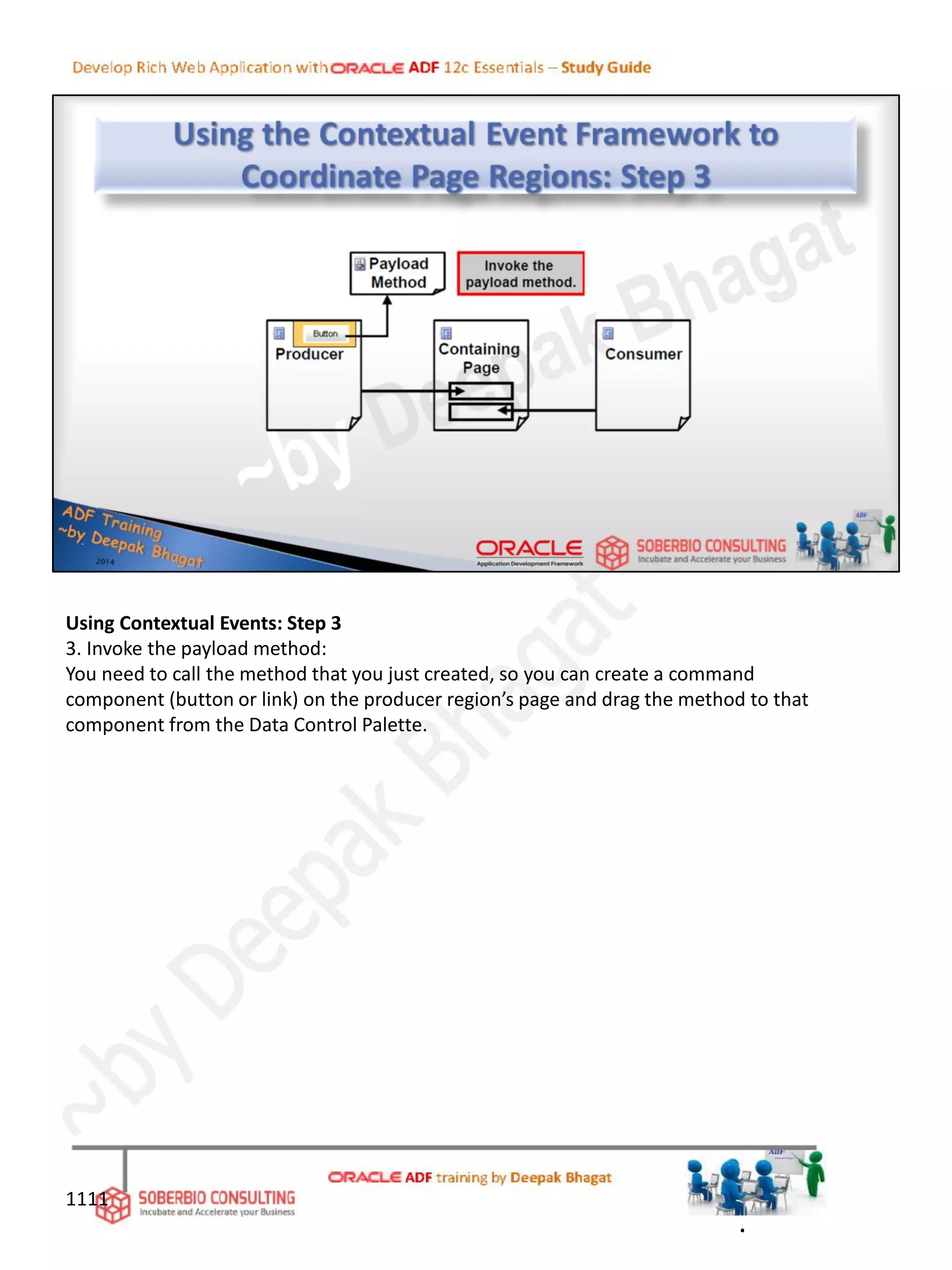 Using Contextual Events: Step 3
3. Invoke the payload method:
You need to call the method that you just created, so you can create a command
component (button or link) on the producer region’s page and drag the method to that
component from the Data Control Palette.
1111
.
 