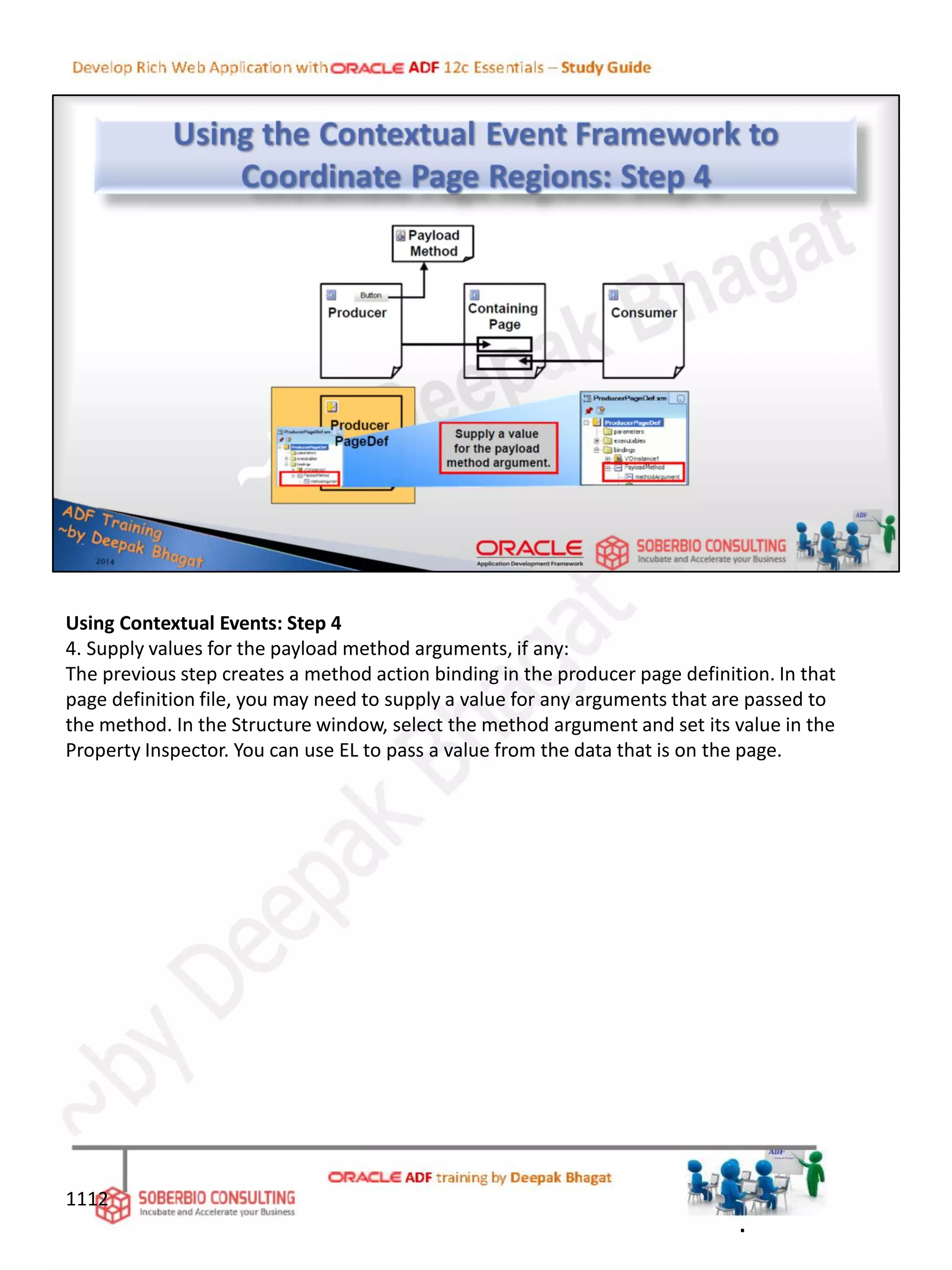 Using Contextual Events: Step 4
4. Supply values for the payload method arguments, if any:
The previous step creates a method action binding in the producer page definition. In that
page definition file, you may need to supply a value for any arguments that are passed to
the method. In the Structure window, select the method argument and set its value in the
Property Inspector. You can use EL to pass a value from the data that is on the page.
1112
.
 
