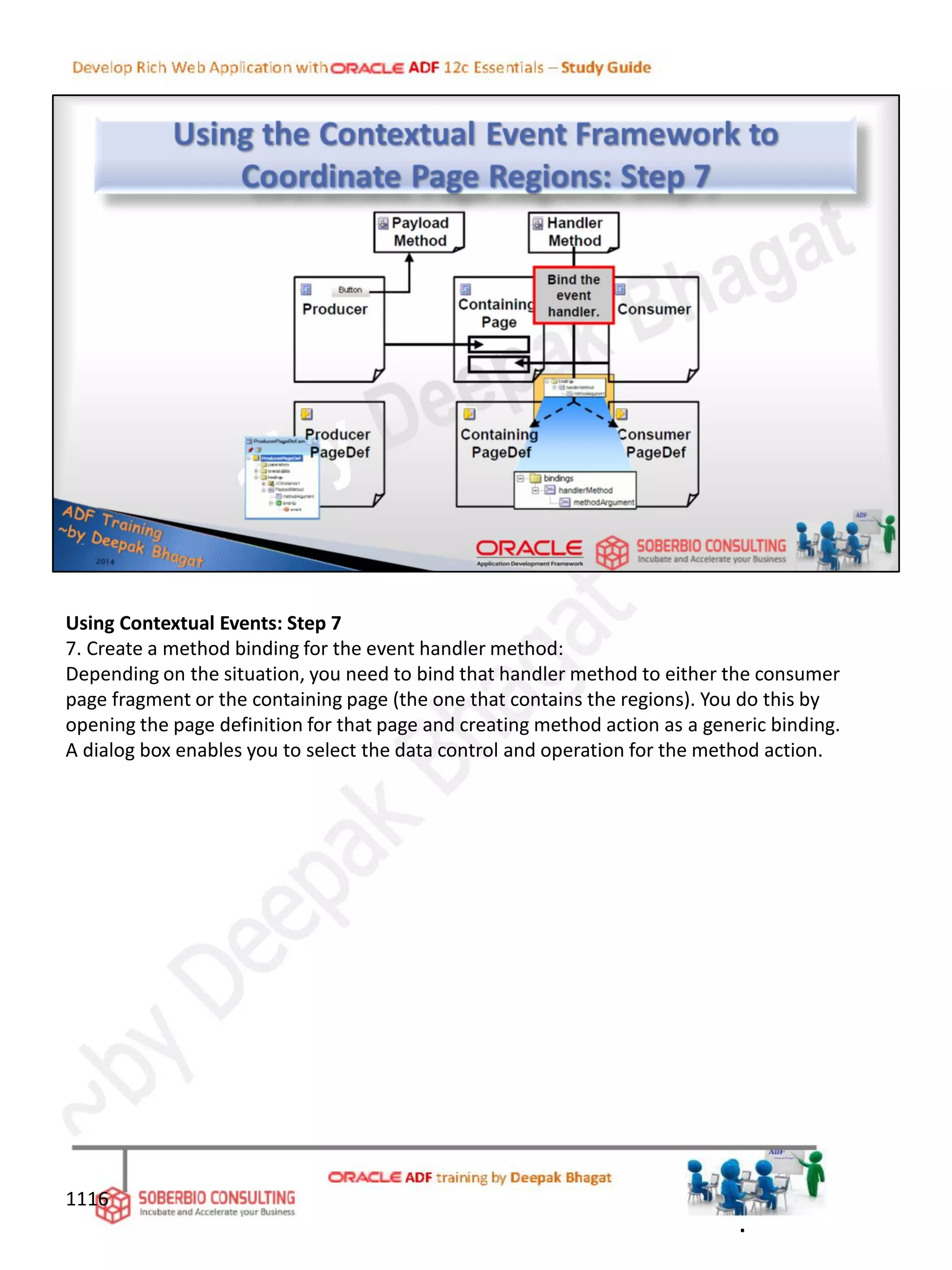 Using Contextual Events: Step 7
7. Create a method binding for the event handler method:
Depending on the situation, you need to bind that handler method to either the consumer
page fragment or the containing page (the one that contains the regions). You do this by
opening the page definition for that page and creating method action as a generic binding.
A dialog box enables you to select the data control and operation for the method action.
1116
.
 