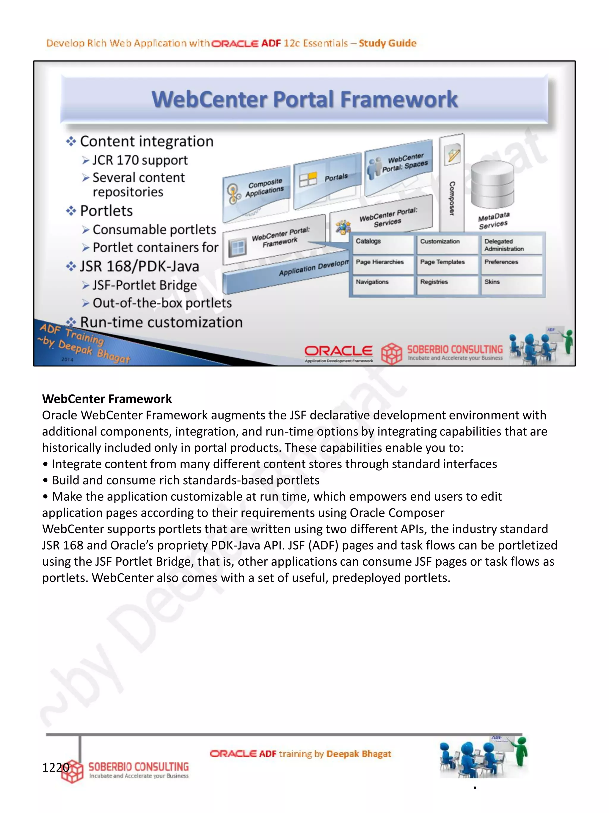 WebCenter Framework
Oracle WebCenter Framework augments the JSF declarative development environment with
additional components, integration, and run-time options by integrating capabilities that are
historically included only in portal products. These capabilities enable you to:
• Integrate content from many different content stores through standard interfaces
• Build and consume rich standards-based portlets
• Make the application customizable at run time, which empowers end users to edit
application pages according to their requirements using Oracle Composer
WebCenter supports portlets that are written using two different APIs, the industry standard
JSR 168 and Oracle’s propriety PDK-Java API. JSF (ADF) pages and task flows can be portletized
using the JSF Portlet Bridge, that is, other applications can consume JSF pages or task flows as
portlets. WebCenter also comes with a set of useful, predeployed portlets.
1220
.
 