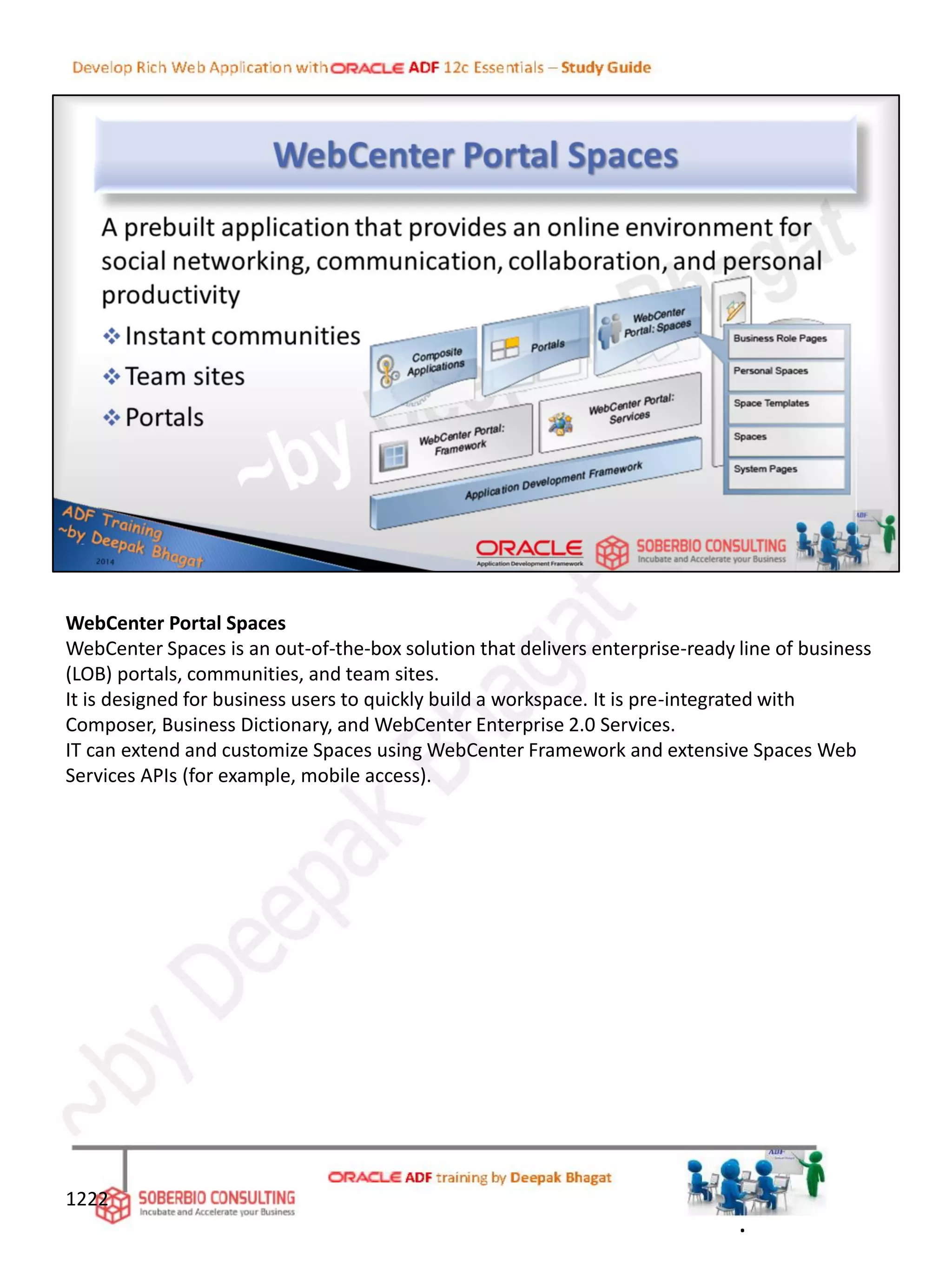 WebCenter Portal Spaces
WebCenter Spaces is an out-of-the-box solution that delivers enterprise-ready line of business
(LOB) portals, communities, and team sites.
It is designed for business users to quickly build a workspace. It is pre-integrated with
Composer, Business Dictionary, and WebCenter Enterprise 2.0 Services.
IT can extend and customize Spaces using WebCenter Framework and extensive Spaces Web
Services APIs (for example, mobile access).
1222
.
 