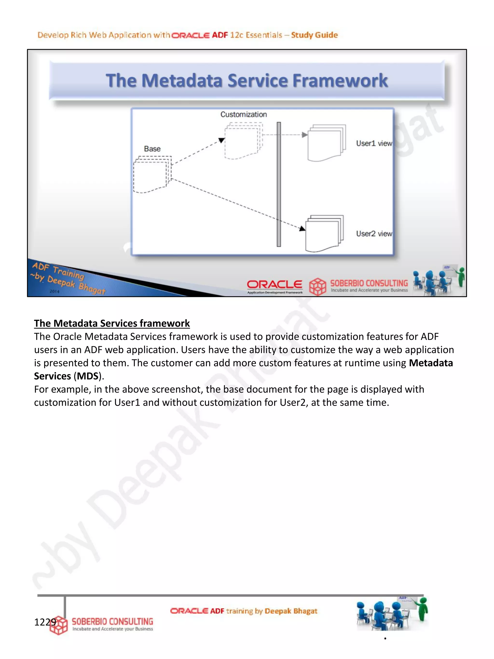 The Metadata Services framework
The Oracle Metadata Services framework is used to provide customization features for ADF
users in an ADF web application. Users have the ability to customize the way a web application
is presented to them. The customer can add more custom features at runtime using Metadata
Services (MDS).
For example, in the above screenshot, the base document for the page is displayed with
customization for User1 and without customization for User2, at the same time.
1229
.
 