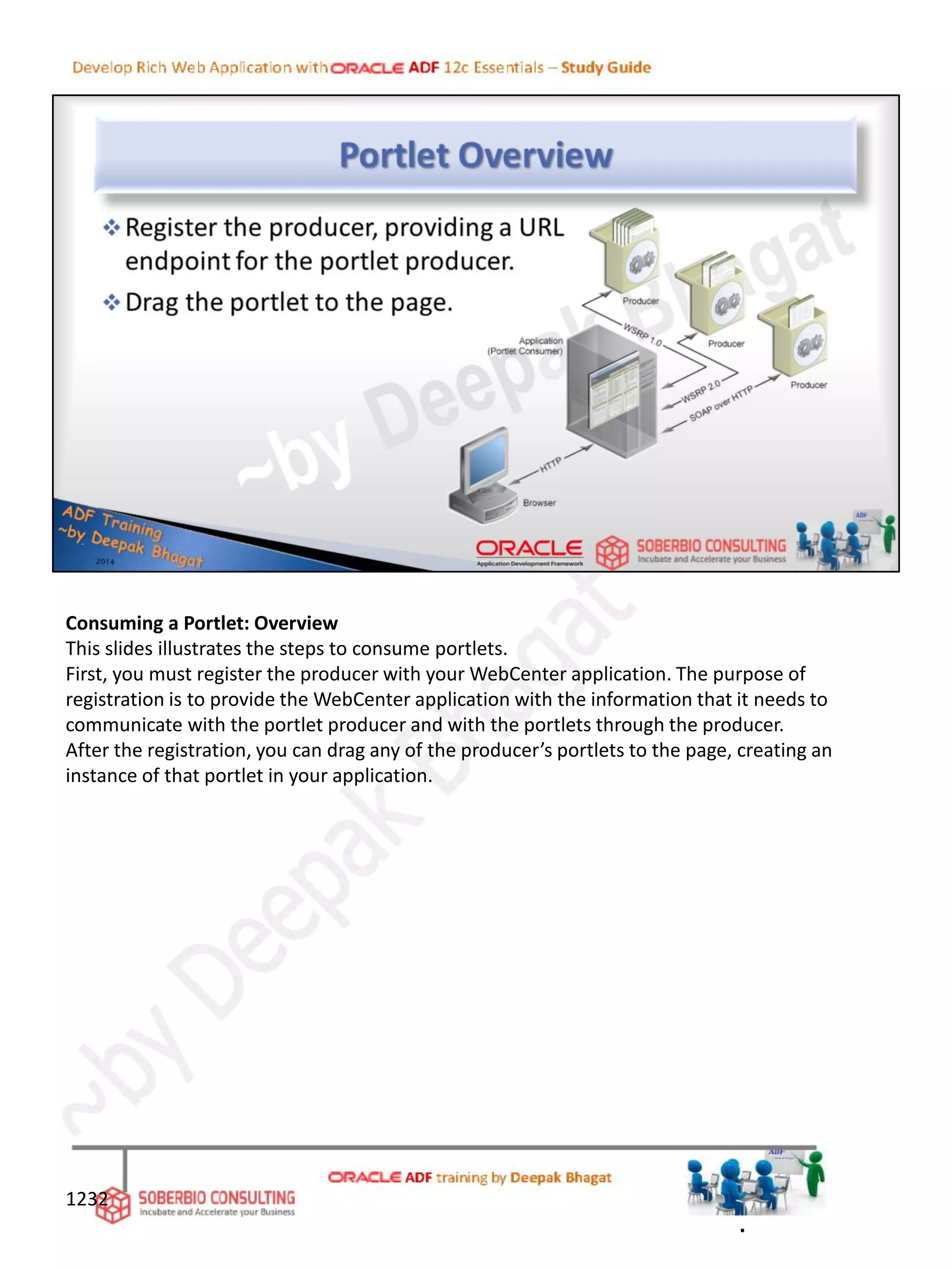 Consuming a Portlet: Overview
This slides illustrates the steps to consume portlets.
First, you must register the producer with your WebCenter application. The purpose of
registration is to provide the WebCenter application with the information that it needs to
communicate with the portlet producer and with the portlets through the producer.
After the registration, you can drag any of the producer’s portlets to the page, creating an
instance of that portlet in your application.
1232
.
 