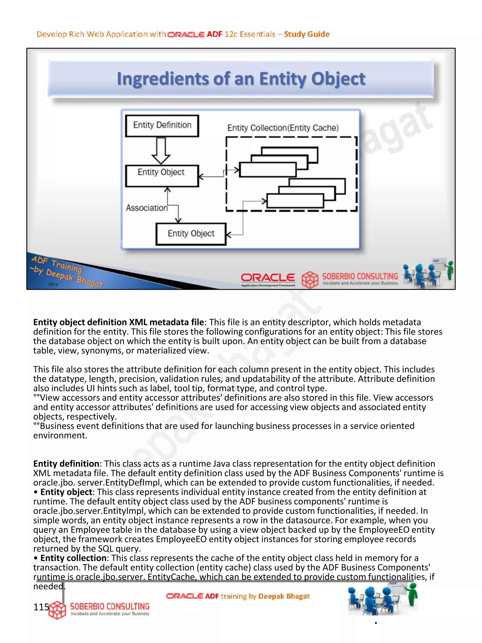 Entity object definition XML metadata file: This file is an entity descriptor, which holds metadata
definition for the entity. This file stores the following configurations for an entity object: This file stores
the database object on which the entity is built upon. An entity object can be built from a database
table, view, synonyms, or materialized view.
This file also stores the attribute definition for each column present in the entity object. This includes
the datatype, length, precision, validation rules, and updatability of the attribute. Attribute definition
also includes UI hints such as label, tool tip, format type, and control type.
°°View accessors and entity accessor attributes' definitions are also stored in this file. View accessors
and entity accessor attributes' definitions are used for accessing view objects and associated entity
objects, respectively.
°°Business event definitions that are used for launching business processes in a service oriented
environment.
Entity definition: This class acts as a runtime Java class representation for the entity object definition
XML metadata file. The default entity definition class used by the ADF Business Components' runtime is
oracle.jbo. server.EntityDefImpl, which can be extended to provide custom functionalities, if needed.
• Entity object: This class represents individual entity instance created from the entity definition at
runtime. The default entity object class used by the ADF business components' runtime is
oracle.jbo.server.EntityImpl, which can be extended to provide custom functionalities, if needed. In
simple words, an entity object instance represents a row in the datasource. For example, when you
query an Employee table in the database by using a view object backed up by the EmployeeEO entity
object, the framework creates EmployeeEO entity object instances for storing employee records
returned by the SQL query.
• Entity collection: This class represents the cache of the entity object class held in memory for a
transaction. The default entity collection (entity cache) class used by the ADF Business Components'
runtime is oracle.jbo.server. EntityCache, which can be extended to provide custom functionalities, if
needed.
115
.
 