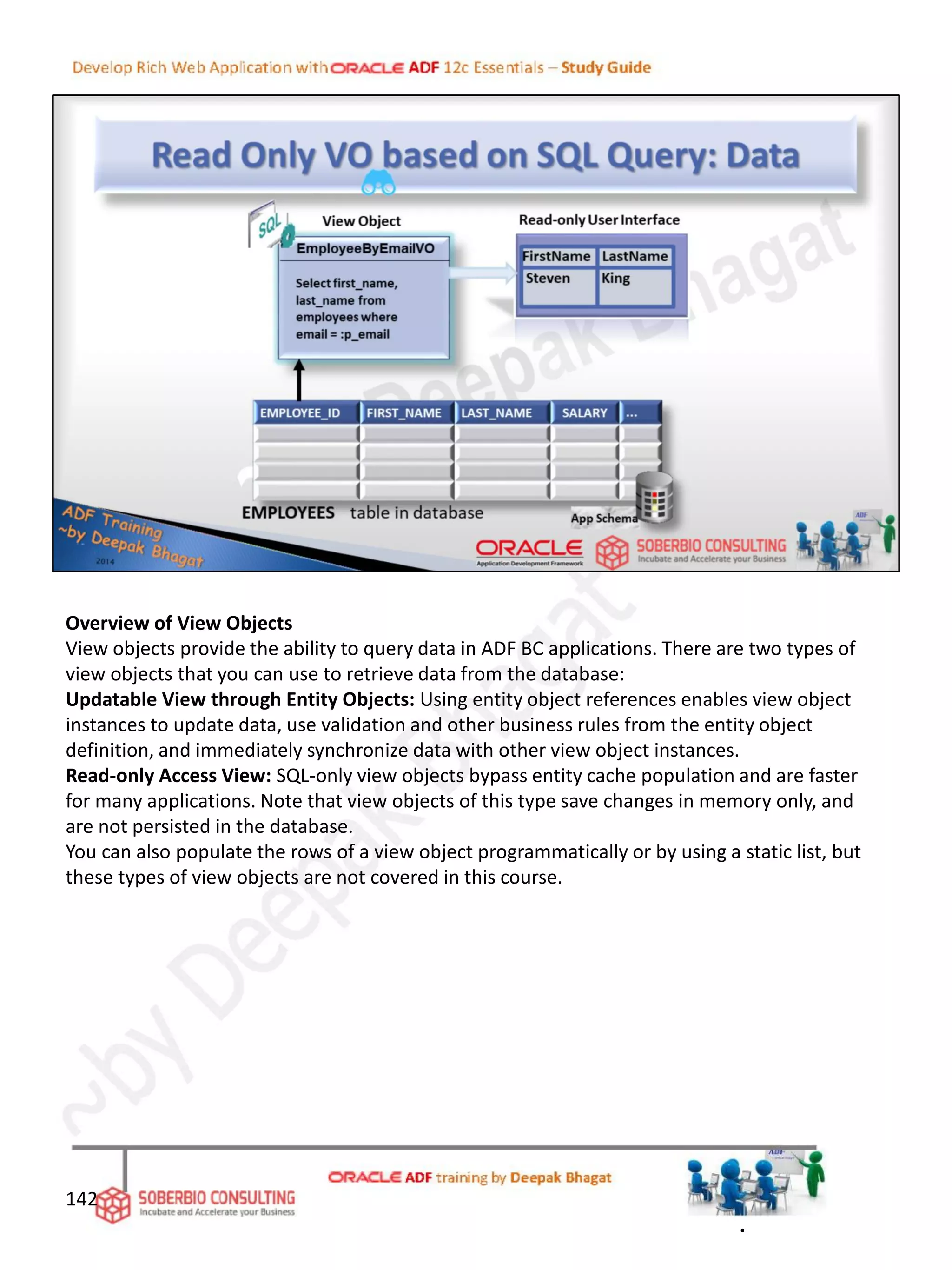 Overview of View Objects
View objects provide the ability to query data in ADF BC applications. There are two types of
view objects that you can use to retrieve data from the database:
Updatable View through Entity Objects: Using entity object references enables view object
instances to update data, use validation and other business rules from the entity object
definition, and immediately synchronize data with other view object instances.
Read-only Access View: SQL-only view objects bypass entity cache population and are faster
for many applications. Note that view objects of this type save changes in memory only, and
are not persisted in the database.
You can also populate the rows of a view object programmatically or by using a static list, but
these types of view objects are not covered in this course.
142
.
 