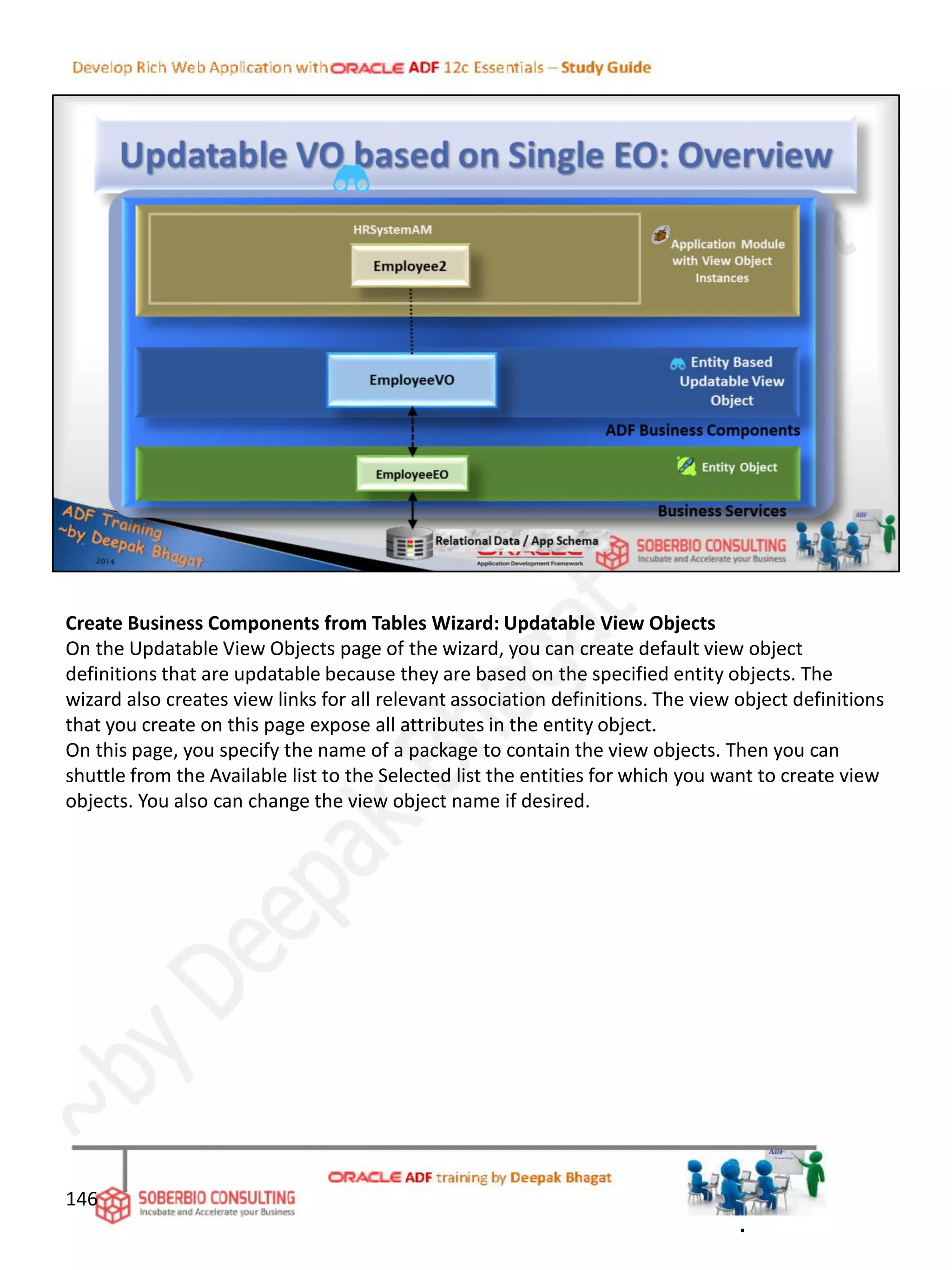 Create Business Components from Tables Wizard: Updatable View Objects
On the Updatable View Objects page of the wizard, you can create default view object
definitions that are updatable because they are based on the specified entity objects. The
wizard also creates view links for all relevant association definitions. The view object definitions
that you create on this page expose all attributes in the entity object.
On this page, you specify the name of a package to contain the view objects. Then you can
shuttle from the Available list to the Selected list the entities for which you want to create view
objects. You also can change the view object name if desired.
146
.
 