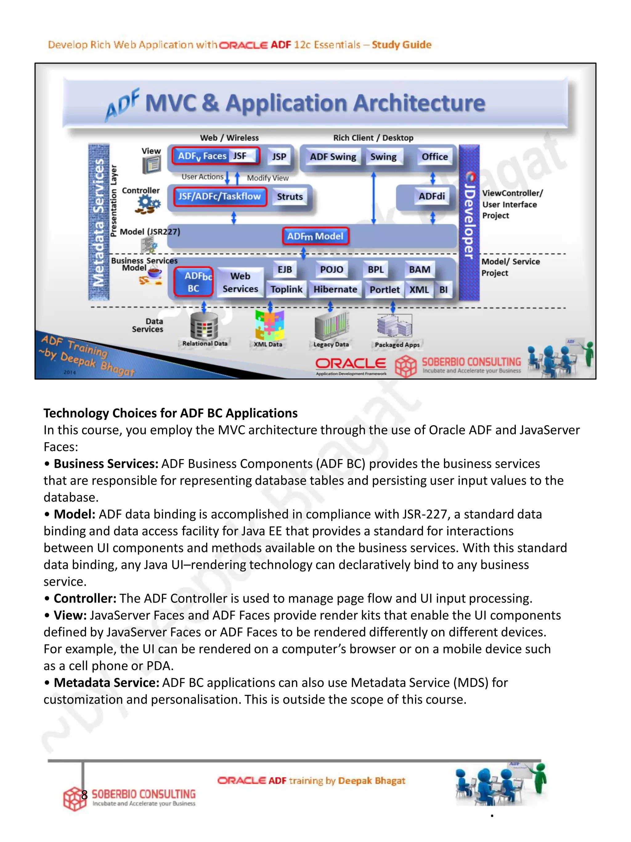 Technology Choices for ADF BC Applications
In this course, you employ the MVC architecture through the use of Oracle ADF and JavaServer
Faces:
• Business Services: ADF Business Components (ADF BC) provides the business services
that are responsible for representing database tables and persisting user input values to the
database.
• Model: ADF data binding is accomplished in compliance with JSR-227, a standard data
binding and data access facility for Java EE that provides a standard for interactions
between UI components and methods available on the business services. With this standard
data binding, any Java UI–rendering technology can declaratively bind to any business
service.
• Controller: The ADF Controller is used to manage page flow and UI input processing.
• View: JavaServer Faces and ADF Faces provide render kits that enable the UI components
defined by JavaServer Faces or ADF Faces to be rendered differently on different devices.
For example, the UI can be rendered on a computer’s browser or on a mobile device such
as a cell phone or PDA.
• Metadata Service: ADF BC applications can also use Metadata Service (MDS) for
customization and personalisation. This is outside the scope of this course.
8
.
 