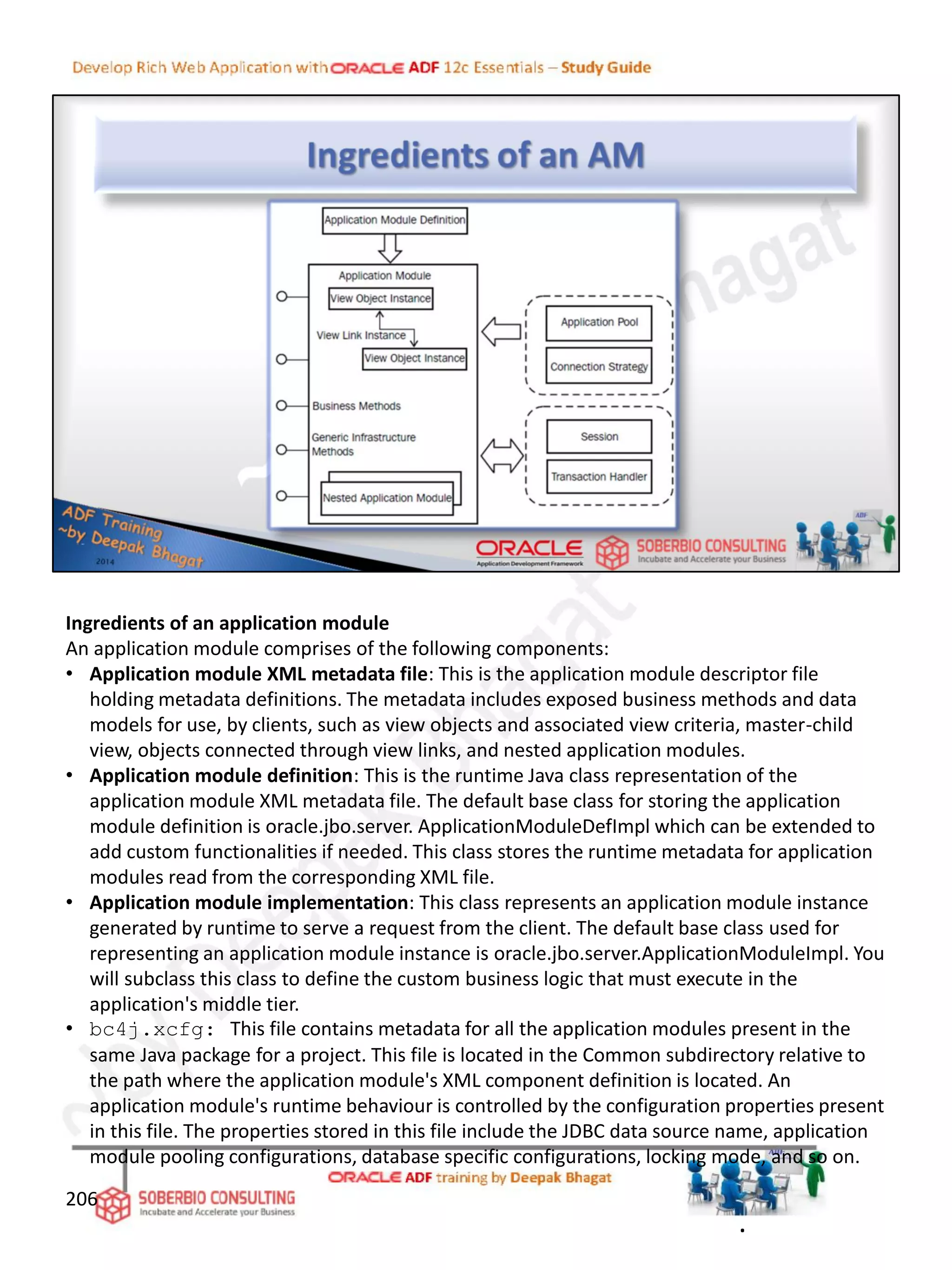 Ingredients of an application module
An application module comprises of the following components:
• Application module XML metadata file: This is the application module descriptor file
holding metadata definitions. The metadata includes exposed business methods and data
models for use, by clients, such as view objects and associated view criteria, master-child
view, objects connected through view links, and nested application modules.
• Application module definition: This is the runtime Java class representation of the
application module XML metadata file. The default base class for storing the application
module definition is oracle.jbo.server. ApplicationModuleDefImpl which can be extended to
add custom functionalities if needed. This class stores the runtime metadata for application
modules read from the corresponding XML file.
• Application module implementation: This class represents an application module instance
generated by runtime to serve a request from the client. The default base class used for
representing an application module instance is oracle.jbo.server.ApplicationModuleImpl. You
will subclass this class to define the custom business logic that must execute in the
application's middle tier.
• bc4j.xcfg: This file contains metadata for all the application modules present in the
same Java package for a project. This file is located in the Common subdirectory relative to
the path where the application module's XML component definition is located. An
application module's runtime behaviour is controlled by the configuration properties present
in this file. The properties stored in this file include the JDBC data source name, application
module pooling configurations, database specific configurations, locking mode, and so on.
206
.
 