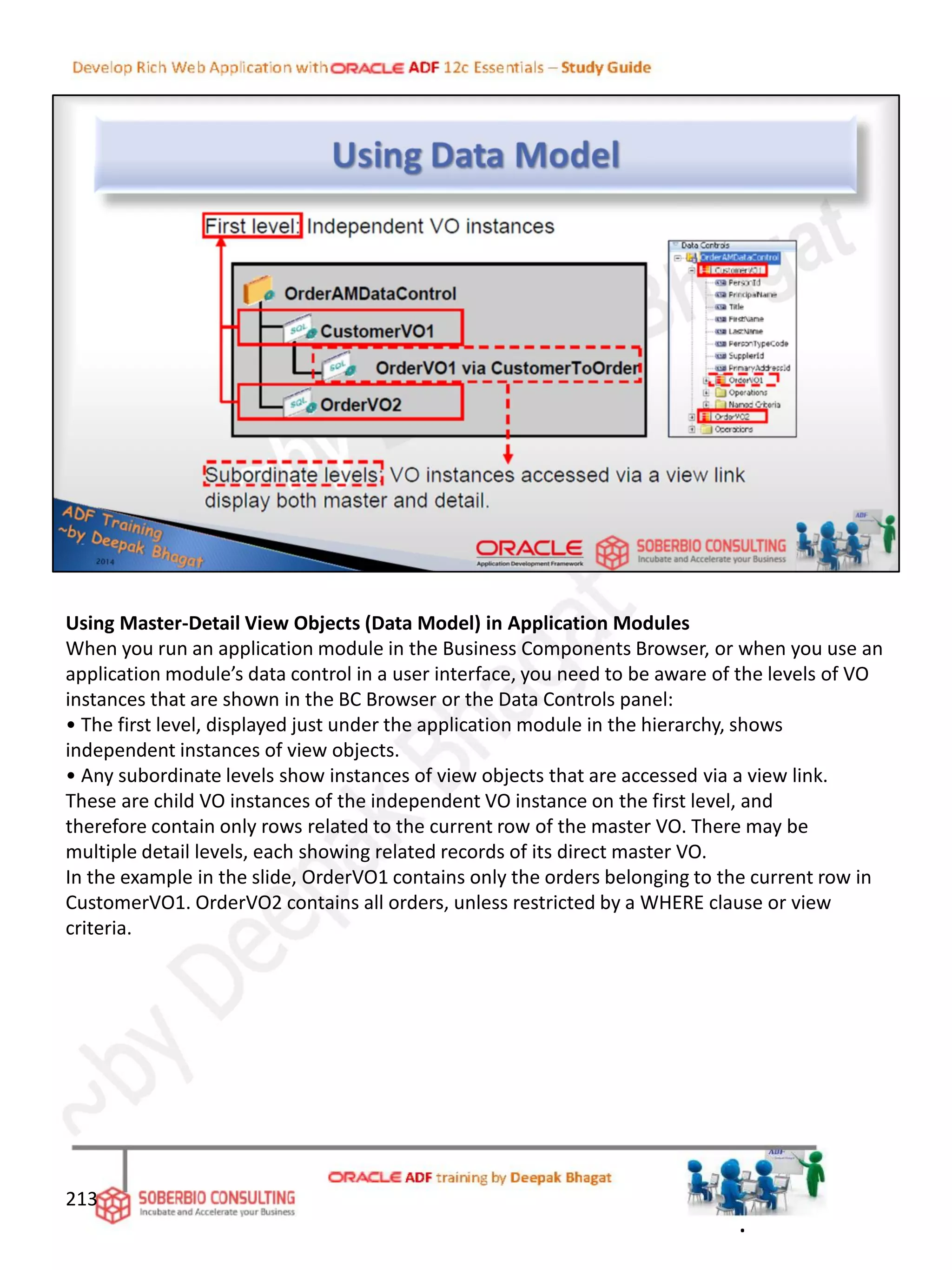 Using Master-Detail View Objects (Data Model) in Application Modules
When you run an application module in the Business Components Browser, or when you use an
application module’s data control in a user interface, you need to be aware of the levels of VO
instances that are shown in the BC Browser or the Data Controls panel:
• The first level, displayed just under the application module in the hierarchy, shows
independent instances of view objects.
• Any subordinate levels show instances of view objects that are accessed via a view link.
These are child VO instances of the independent VO instance on the first level, and
therefore contain only rows related to the current row of the master VO. There may be
multiple detail levels, each showing related records of its direct master VO.
In the example in the slide, OrderVO1 contains only the orders belonging to the current row in
CustomerVO1. OrderVO2 contains all orders, unless restricted by a WHERE clause or view
criteria.
213
.
 
