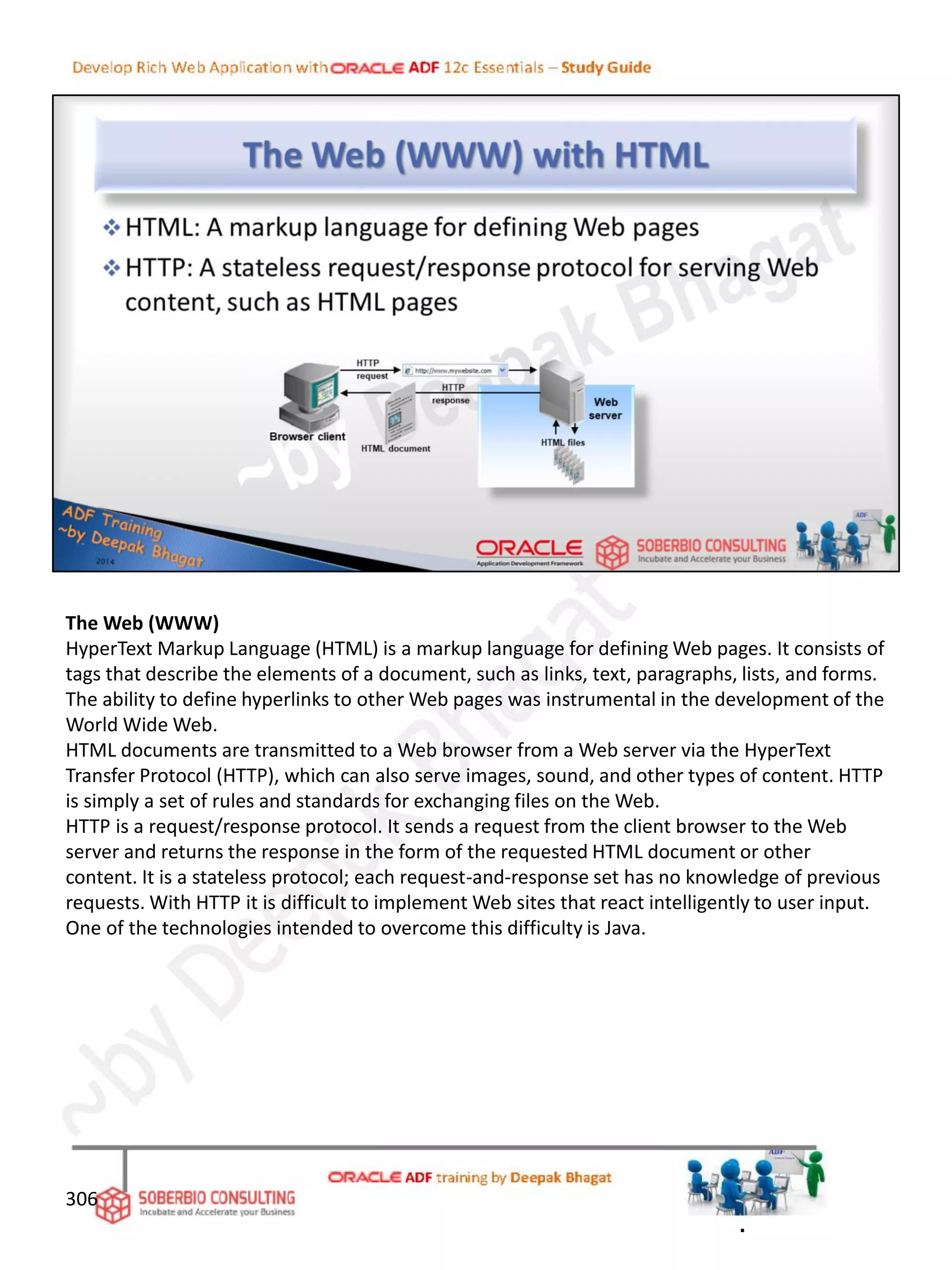 The Web (WWW)
HyperText Markup Language (HTML) is a markup language for defining Web pages. It consists of
tags that describe the elements of a document, such as links, text, paragraphs, lists, and forms.
The ability to define hyperlinks to other Web pages was instrumental in the development of the
World Wide Web.
HTML documents are transmitted to a Web browser from a Web server via the HyperText
Transfer Protocol (HTTP), which can also serve images, sound, and other types of content. HTTP
is simply a set of rules and standards for exchanging files on the Web.
HTTP is a request/response protocol. It sends a request from the client browser to the Web
server and returns the response in the form of the requested HTML document or other
content. It is a stateless protocol; each request-and-response set has no knowledge of previous
requests. With HTTP it is difficult to implement Web sites that react intelligently to user input.
One of the technologies intended to overcome this difficulty is Java.
306
.
 