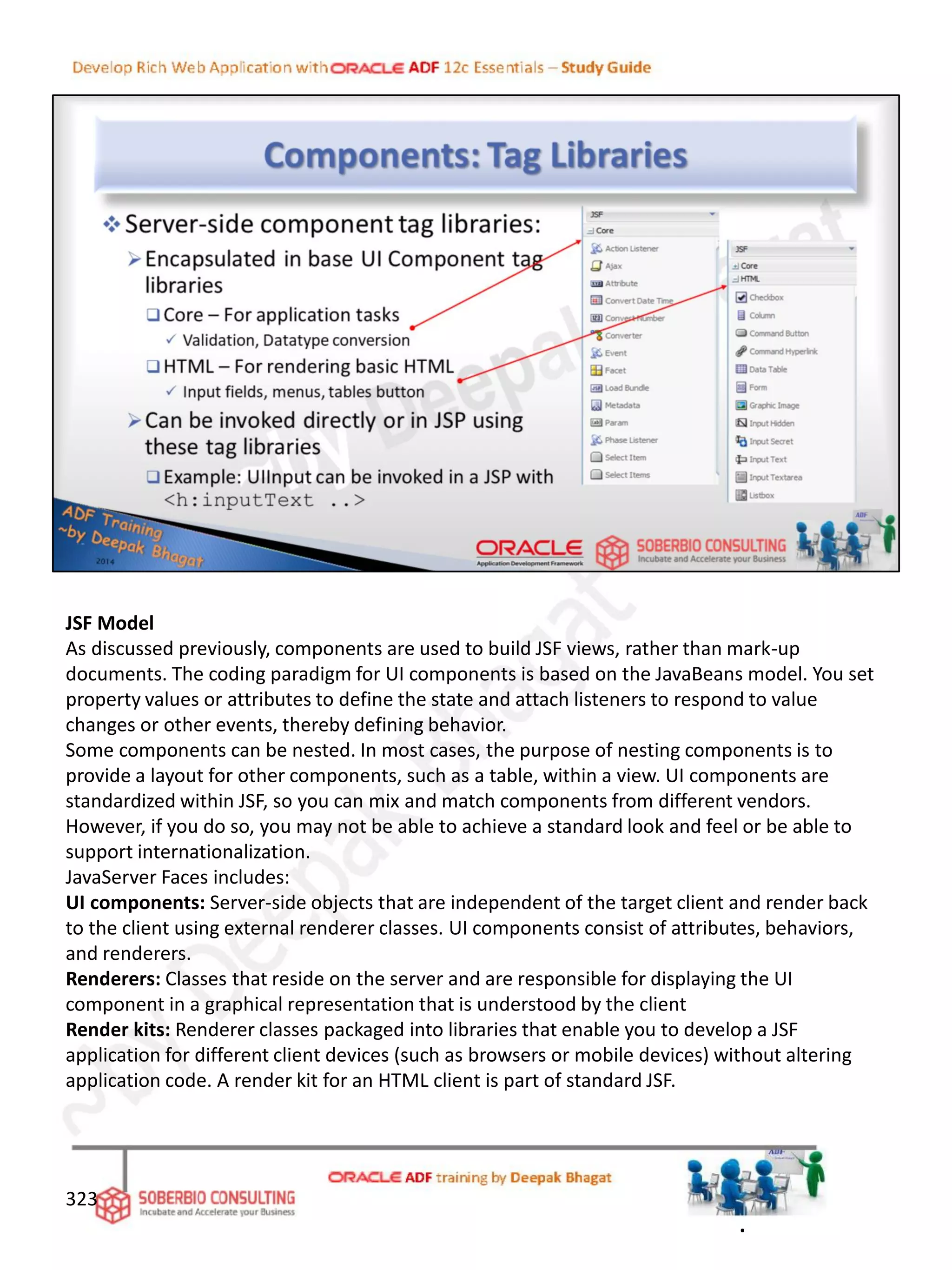 JSF Model
As discussed previously, components are used to build JSF views, rather than mark-up
documents. The coding paradigm for UI components is based on the JavaBeans model. You set
property values or attributes to define the state and attach listeners to respond to value
changes or other events, thereby defining behavior.
Some components can be nested. In most cases, the purpose of nesting components is to
provide a layout for other components, such as a table, within a view. UI components are
standardized within JSF, so you can mix and match components from different vendors.
However, if you do so, you may not be able to achieve a standard look and feel or be able to
support internationalization.
JavaServer Faces includes:
UI components: Server-side objects that are independent of the target client and render back
to the client using external renderer classes. UI components consist of attributes, behaviors,
and renderers.
Renderers: Classes that reside on the server and are responsible for displaying the UI
component in a graphical representation that is understood by the client
Render kits: Renderer classes packaged into libraries that enable you to develop a JSF
application for different client devices (such as browsers or mobile devices) without altering
application code. A render kit for an HTML client is part of standard JSF.
323
.
 