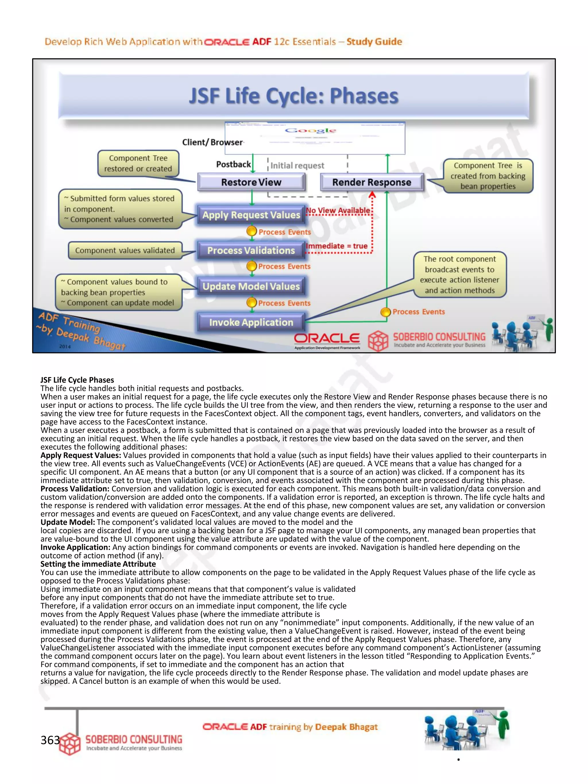 JSF Life Cycle Phases
The life cycle handles both initial requests and postbacks.
When a user makes an initial request for a page, the life cycle executes only the Restore View and Render Response phases because there is no
user input or actions to process. The life cycle builds the UI tree from the view, and then renders the view, returning a response to the user and
saving the view tree for future requests in the FacesContext object. All the component tags, event handlers, converters, and validators on the
page have access to the FacesContext instance.
When a user executes a postback, a form is submitted that is contained on a page that was previously loaded into the browser as a result of
executing an initial request. When the life cycle handles a postback, it restores the view based on the data saved on the server, and then
executes the following additional phases:
Apply Request Values: Values provided in components that hold a value (such as input fields) have their values applied to their counterparts in
the view tree. All events such as ValueChangeEvents (VCE) or ActionEvents (AE) are queued. A VCE means that a value has changed for a
specific UI component. An AE means that a button (or any UI component that is a source of an action) was clicked. If a component has its
immediate attribute set to true, then validation, conversion, and events associated with the component are processed during this phase.
Process Validation: Conversion and validation logic is executed for each component. This means both built-in validation/data conversion and
custom validation/conversion are added onto the components. If a validation error is reported, an exception is thrown. The life cycle halts and
the response is rendered with validation error messages. At the end of this phase, new component values are set, any validation or conversion
error messages and events are queued on FacesContext, and any value change events are delivered.
Update Model: The component’s validated local values are moved to the model and the
local copies are discarded. If you are using a backing bean for a JSF page to manage your UI components, any managed bean properties that
are value-bound to the UI component using the value attribute are updated with the value of the component.
Invoke Application: Any action bindings for command components or events are invoked. Navigation is handled here depending on the
outcome of action method (if any).
Setting the immediate Attribute
You can use the immediate attribute to allow components on the page to be validated in the Apply Request Values phase of the life cycle as
opposed to the Process Validations phase:
Using immediate on an input component means that that component’s value is validated
before any input components that do not have the immediate attribute set to true.
Therefore, if a validation error occurs on an immediate input component, the life cycle
moves from the Apply Request Values phase (where the immediate attribute is
evaluated) to the render phase, and validation does not run on any “nonimmediate” input components. Additionally, if the new value of an
immediate input component is different from the existing value, then a ValueChangeEvent is raised. However, instead of the event being
processed during the Process Validations phase, the event is processed at the end of the Apply Request Values phase. Therefore, any
ValueChangeListener associated with the immediate input component executes before any command component’s ActionListener (assuming
the command component occurs later on the page). You learn about event listeners in the lesson titled “Responding to Application Events.”
For command components, if set to immediate and the component has an action that
returns a value for navigation, the life cycle proceeds directly to the Render Response phase. The validation and model update phases are
skipped. A Cancel button is an example of when this would be used.
363
.
 