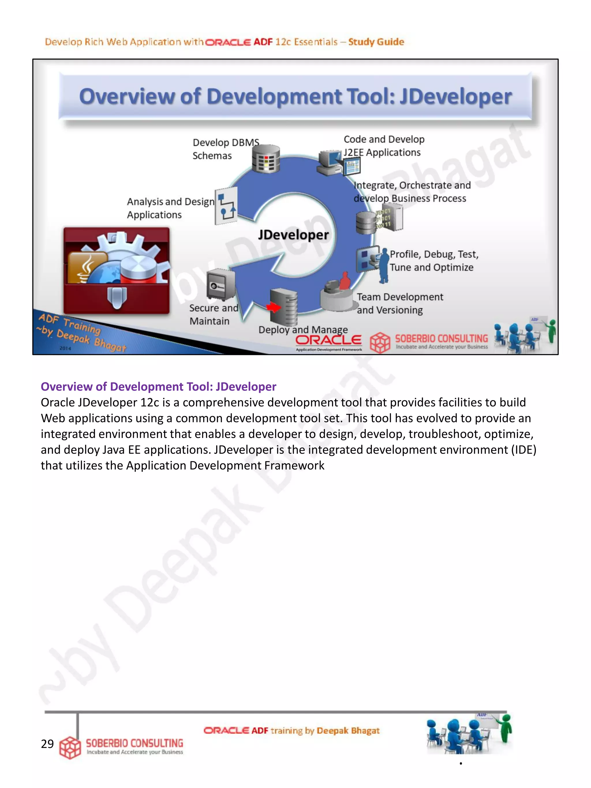 Overview of Development Tool: JDeveloper
Oracle JDeveloper 12c is a comprehensive development tool that provides facilities to build
Web applications using a common development tool set. This tool has evolved to provide an
integrated environment that enables a developer to design, develop, troubleshoot, optimize,
and deploy Java EE applications. JDeveloper is the integrated development environment (IDE)
that utilizes the Application Development Framework
29
.
 