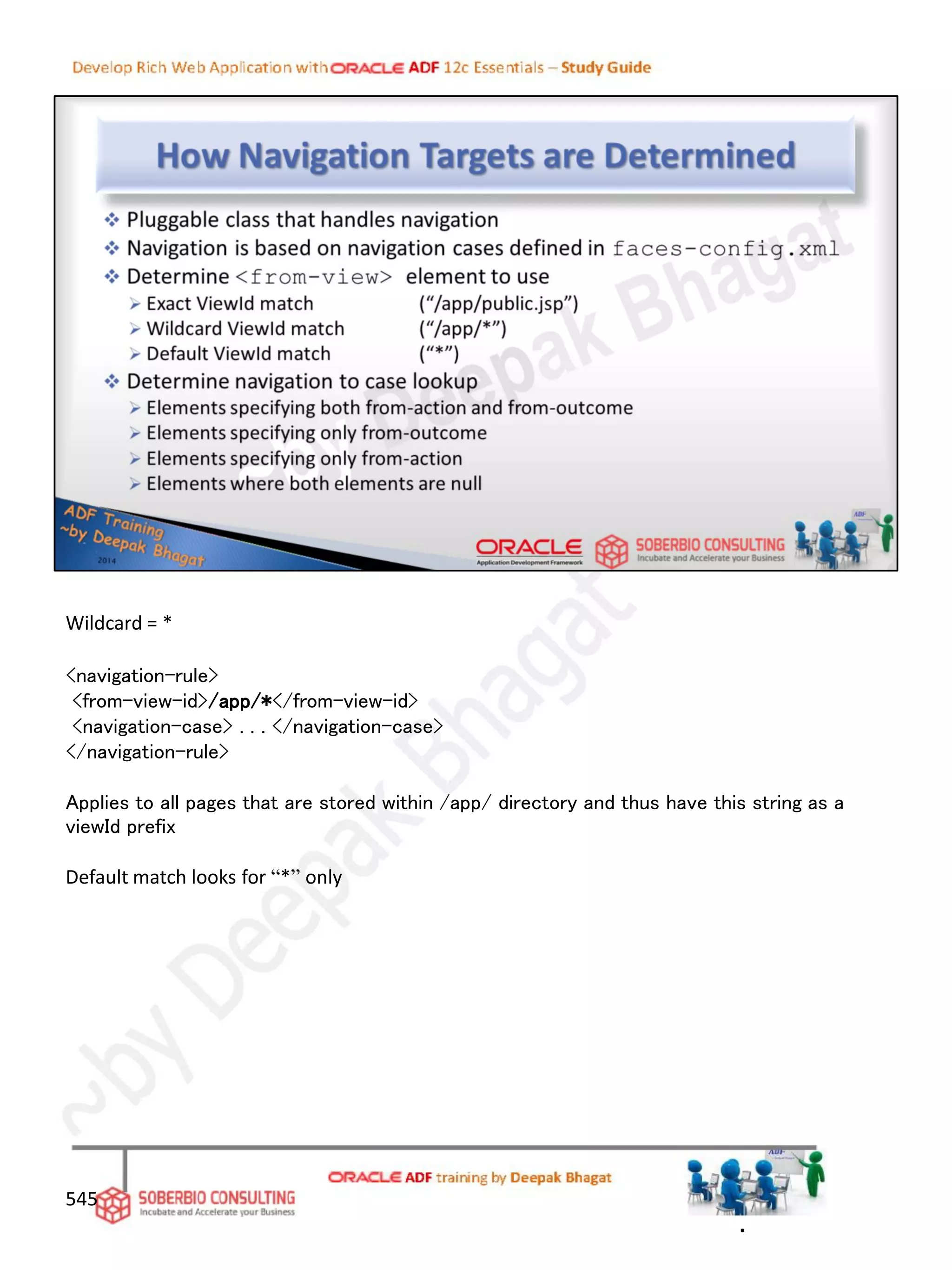 545
Wildcard = *
<navigation-rule>
<from-view-id>/app/*</from-view-id>
<navigation-case> . . . </navigation-case>
</navigation-rule>
Applies to all pages that are stored within /app/ directory and thus have this string as a
viewId prefix
Default match looks for “*” only
.
 