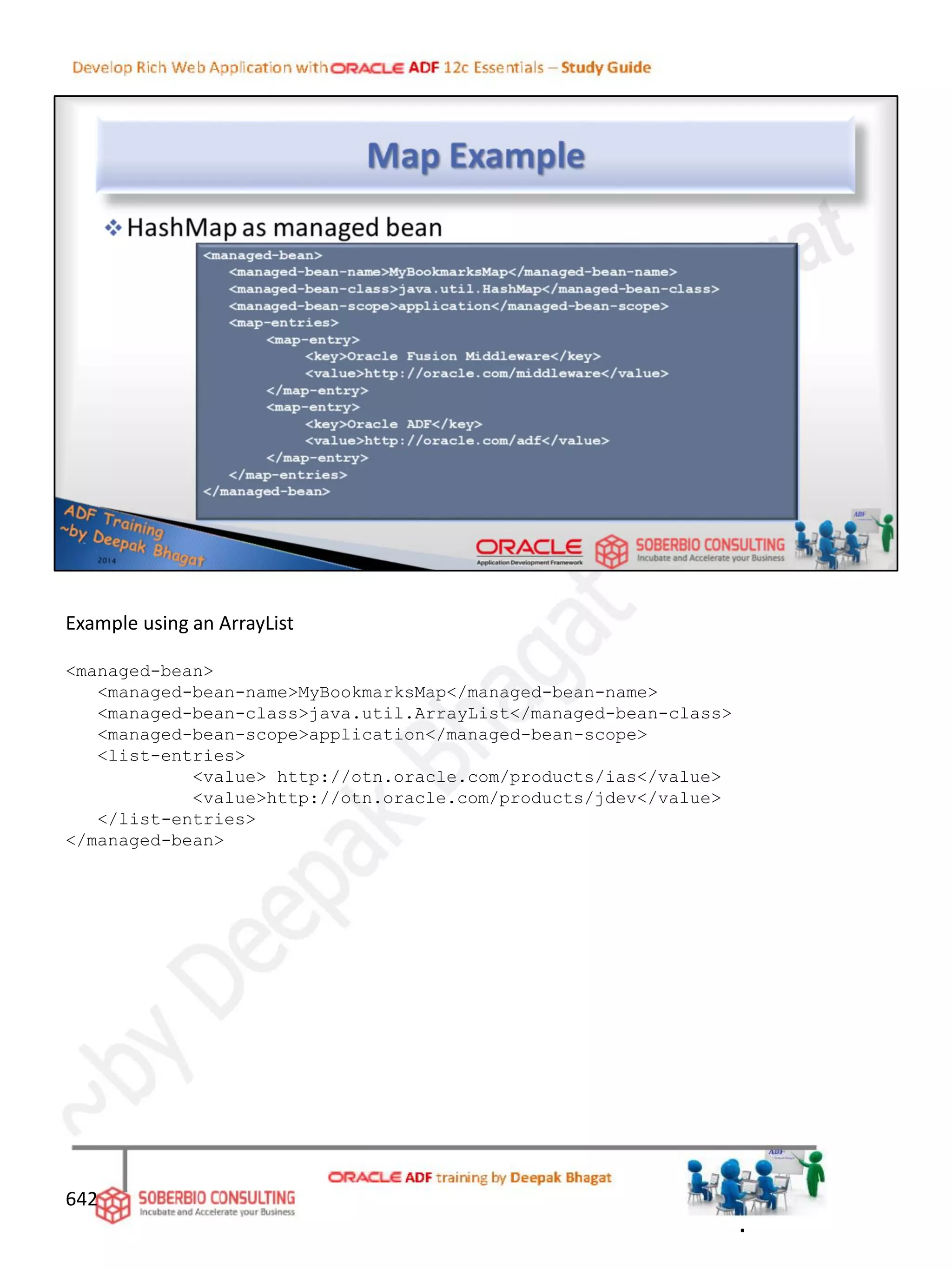642
Example using an ArrayList
<managed-bean>
<managed-bean-name>MyBookmarksMap</managed-bean-name>
<managed-bean-class>java.util.ArrayList</managed-bean-class>
<managed-bean-scope>application</managed-bean-scope>
<list-entries>
<value> http://otn.oracle.com/products/ias</value>
<value>http://otn.oracle.com/products/jdev</value>
</list-entries>
</managed-bean>
.
 