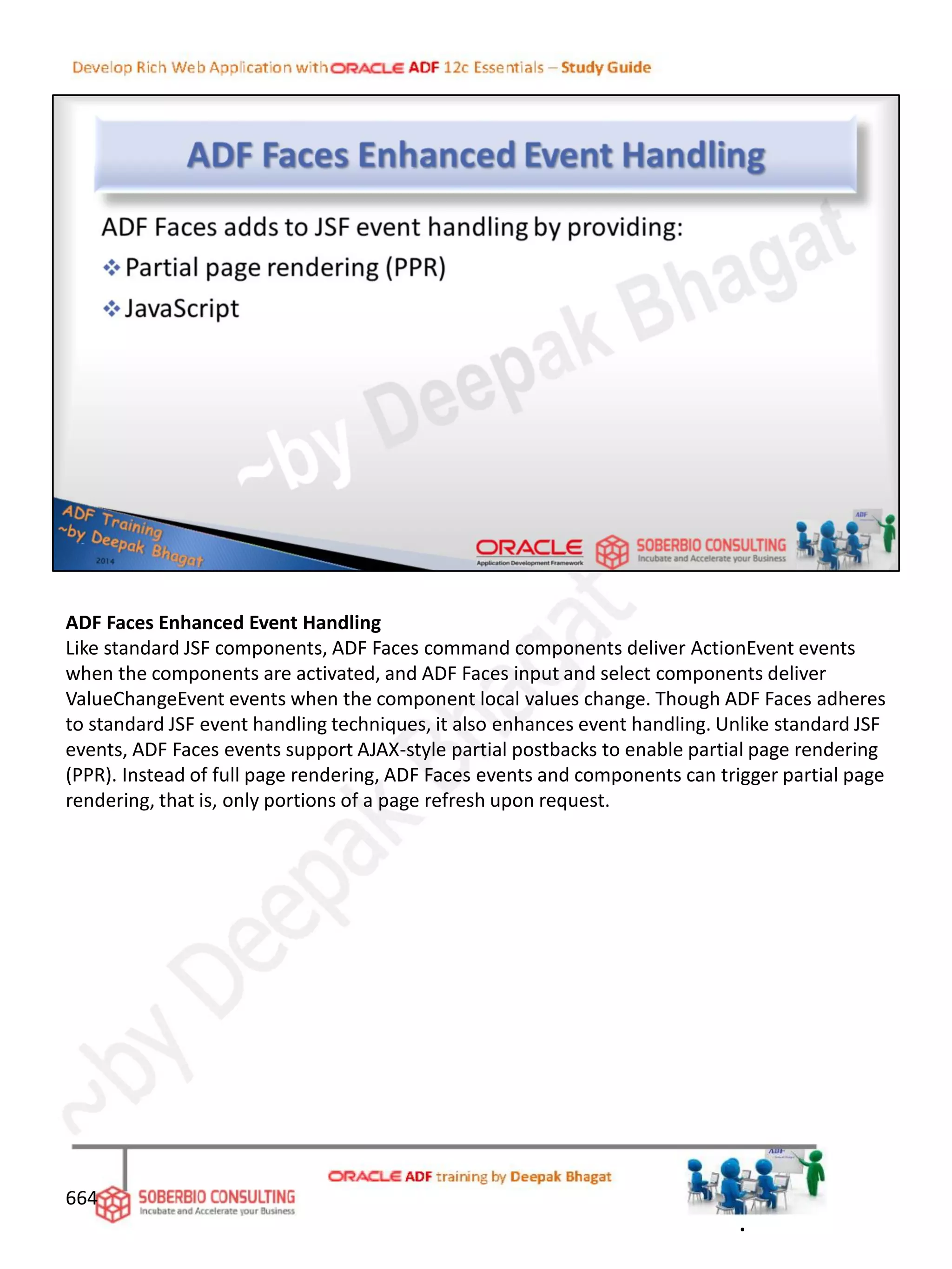 ADF Faces Enhanced Event Handling
Like standard JSF components, ADF Faces command components deliver ActionEvent events
when the components are activated, and ADF Faces input and select components deliver
ValueChangeEvent events when the component local values change. Though ADF Faces adheres
to standard JSF event handling techniques, it also enhances event handling. Unlike standard JSF
events, ADF Faces events support AJAX-style partial postbacks to enable partial page rendering
(PPR). Instead of full page rendering, ADF Faces events and components can trigger partial page
rendering, that is, only portions of a page refresh upon request.
664
.
 