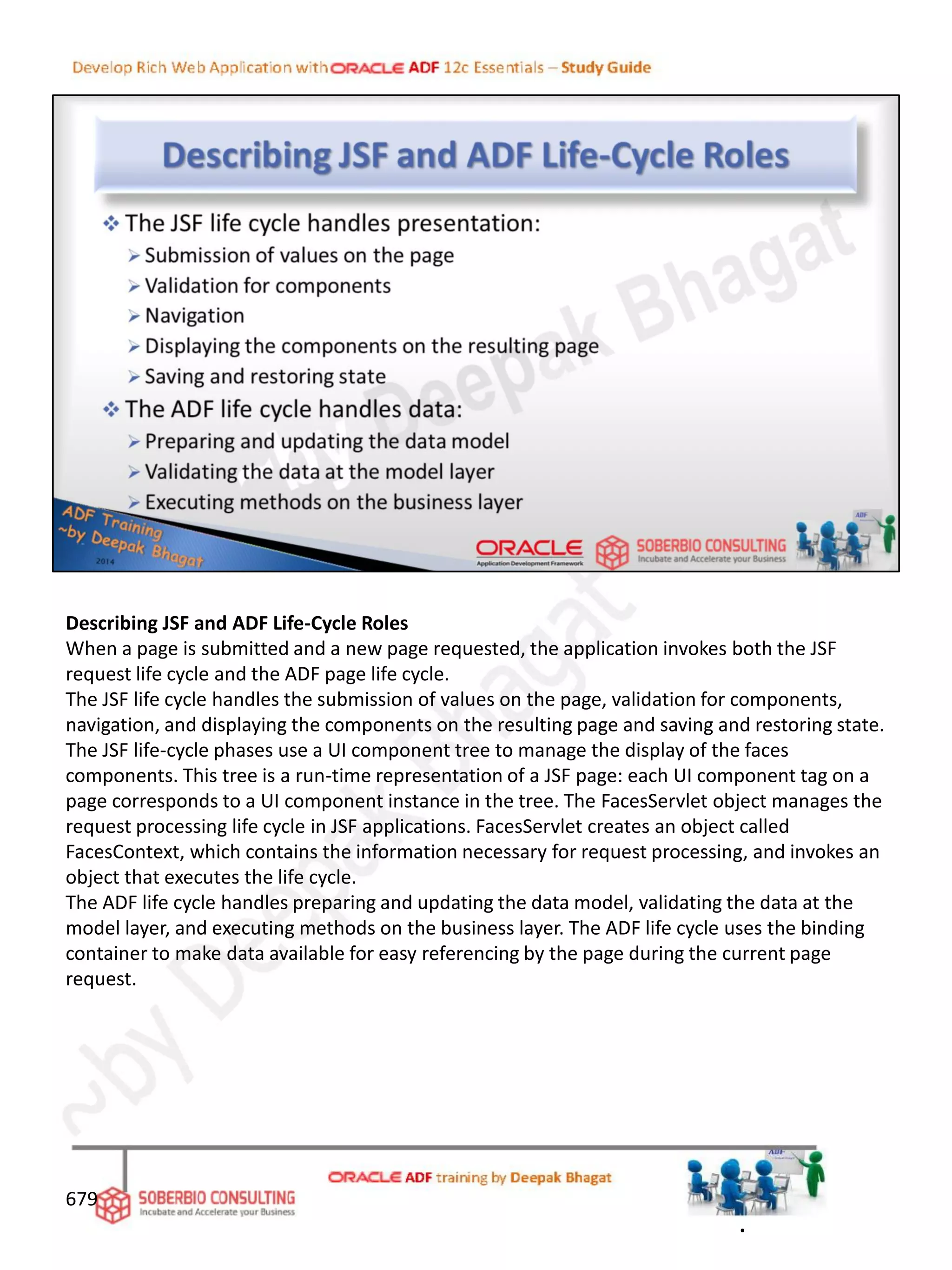Describing JSF and ADF Life-Cycle Roles
When a page is submitted and a new page requested, the application invokes both the JSF
request life cycle and the ADF page life cycle.
The JSF life cycle handles the submission of values on the page, validation for components,
navigation, and displaying the components on the resulting page and saving and restoring state.
The JSF life-cycle phases use a UI component tree to manage the display of the faces
components. This tree is a run-time representation of a JSF page: each UI component tag on a
page corresponds to a UI component instance in the tree. The FacesServlet object manages the
request processing life cycle in JSF applications. FacesServlet creates an object called
FacesContext, which contains the information necessary for request processing, and invokes an
object that executes the life cycle.
The ADF life cycle handles preparing and updating the data model, validating the data at the
model layer, and executing methods on the business layer. The ADF life cycle uses the binding
container to make data available for easy referencing by the page during the current page
request.
679
.
 