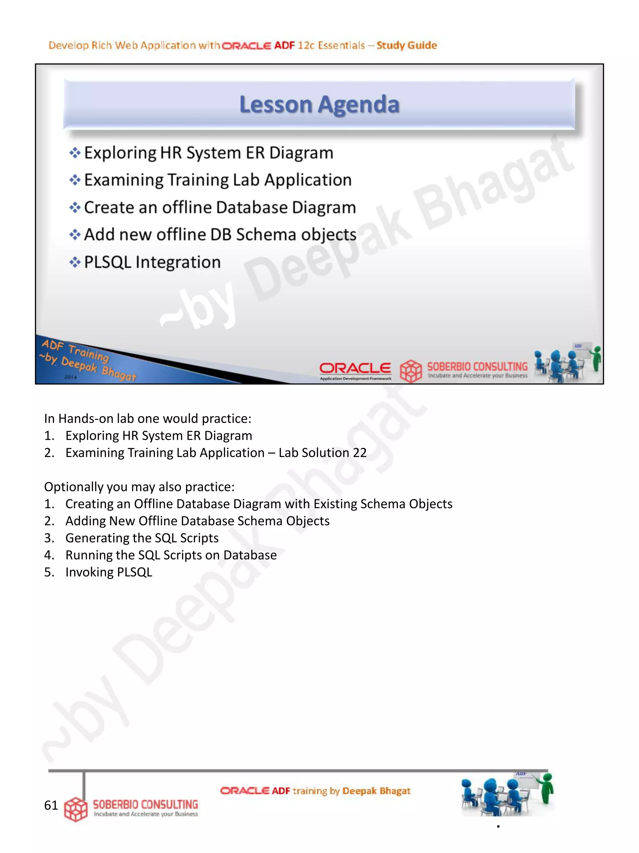 In Hands-on lab one would practice:
1. Exploring HR System ER Diagram
2. Examining Training Lab Application – Lab Solution 22
Optionally you may also practice:
1. Creating an Offline Database Diagram with Existing Schema Objects
2. Adding New Offline Database Schema Objects
3. Generating the SQL Scripts
4. Running the SQL Scripts on Database
5. Invoking PLSQL
.
61
 