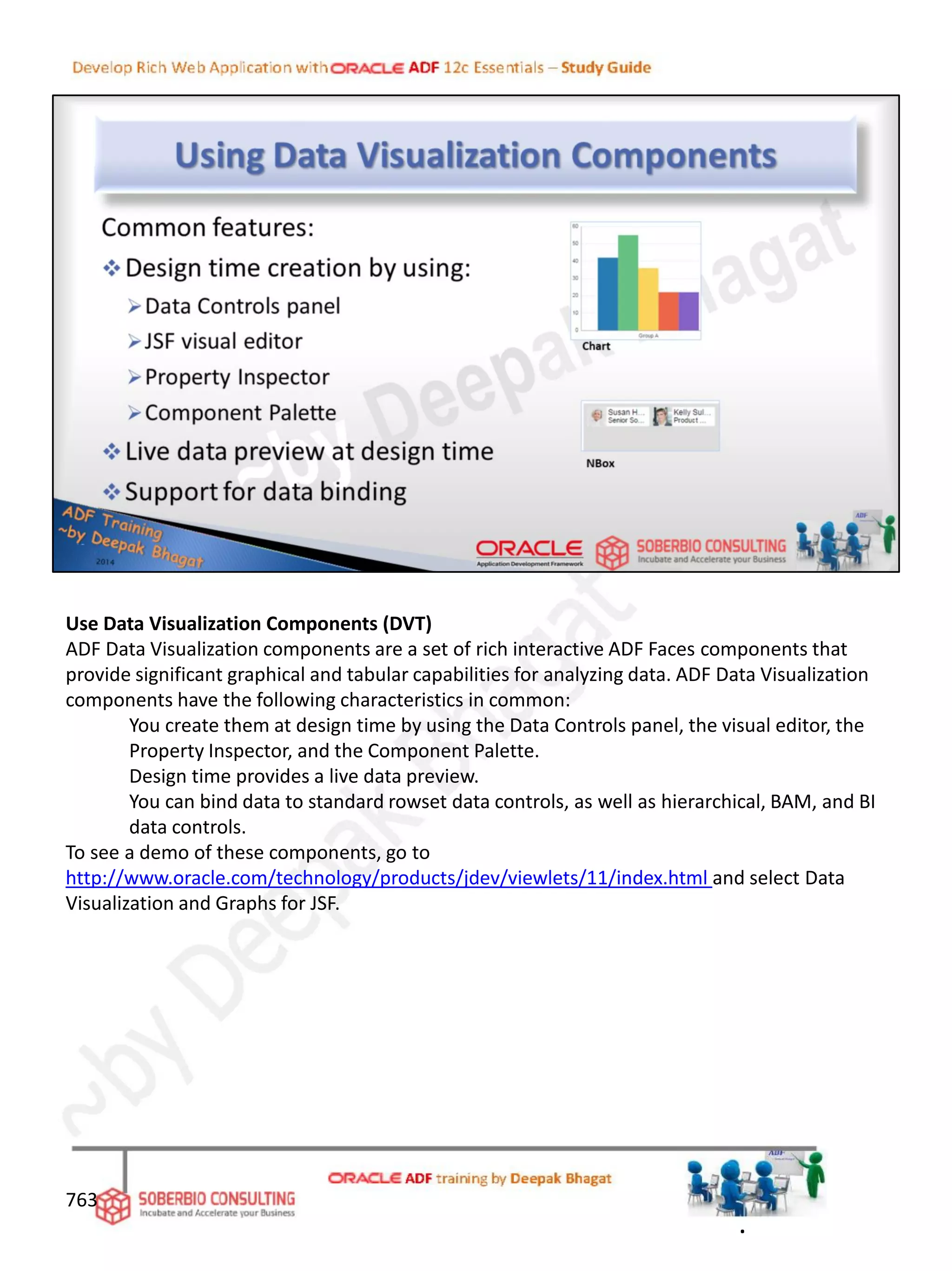 Use Data Visualization Components (DVT)
ADF Data Visualization components are a set of rich interactive ADF Faces components that
provide significant graphical and tabular capabilities for analyzing data. ADF Data Visualization
components have the following characteristics in common:
You create them at design time by using the Data Controls panel, the visual editor, the
Property Inspector, and the Component Palette.
Design time provides a live data preview.
You can bind data to standard rowset data controls, as well as hierarchical, BAM, and BI
data controls.
To see a demo of these components, go to
http://www.oracle.com/technology/products/jdev/viewlets/11/index.html and select Data
Visualization and Graphs for JSF.
763
.
 