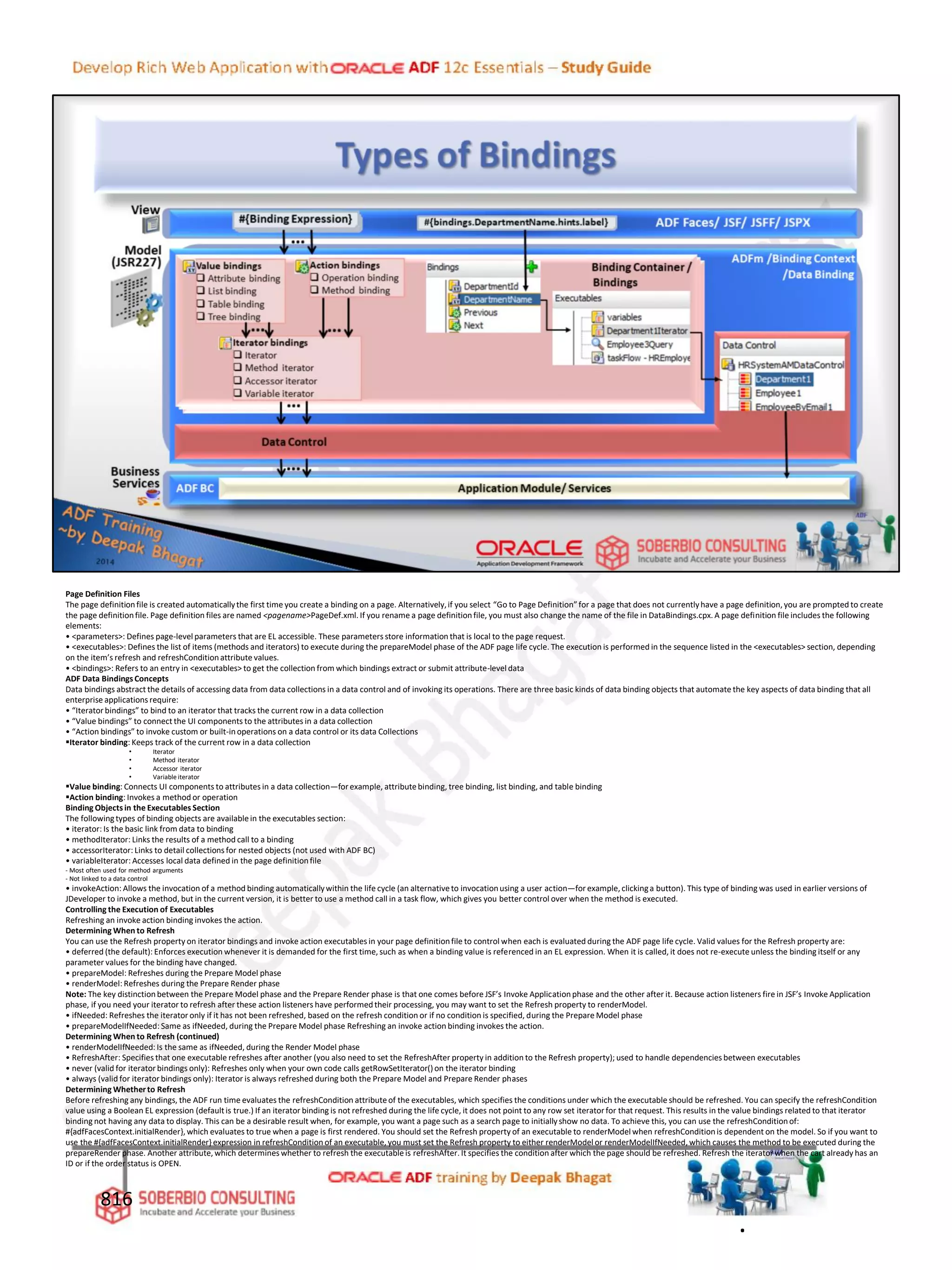 Page Definition Files
The page definitionfile is created automaticallythe first time you create a binding on a page. Alternatively,if you select “Go to Page Definition” for a page that does not currentlyhave a page definition, you are prompted to create
the page definitionfile. Page definition files are named <pagename>PageDef.xml. If you rename a page definitionfile, you must also change the name of the file in DataBindings.cpx. A page definition file includes the following
elements:
• <parameters>: Defines page-level parameters that are EL accessible. These parameters store information that is local to the page request.
• <executables>: Defines the list of items (methods and iterators) to execute during the prepareModel phase of the ADF page life cycle. The execution is performed in the sequence listed in the <executables> section, depending
on the item’s refresh and refreshConditionattribute values.
• <bindings>: Refers to an entry in <executables> to get the collection from which bindings extract or submit attribute-level data
ADF Data Bindings Concepts
Data bindings abstract the details of accessing data from data collections in a data control and of invoking its operations. There are three basic kinds of data binding objects that automate the key aspects of data binding that all
enterprise applications require:
• “Iteratorbindings” to bind to an iterator that tracks the current row in a data collection
• “Value bindings” to connect the UI components to the attributes in a data collection
• “Action bindings” to invoke custom or built-inoperations on a data control or its data Collections
Iterator binding: Keeps track of the current row in a data collection
• Iterator
• Method iterator
• Accessor iterator
• Variable iterator
Value binding: Connects UI components to attributes in a data collection—for example, attributebinding, tree binding, list binding, and table binding
Action binding: Invokes a method or operation
Binding Objectsin the Executables Section
The followingtypes of binding objects are availablein the executables section:
• iterator: Is the basic link from data to binding
• methodIterator: Links the results of a method call to a binding
• accessorIterator: Links to detail collections for nested objects (not used with ADF BC)
• variableIterator: Accesses local data defined in the page definitionfile
- Most often used for method arguments
- Not linked to a data control
• invokeAction: Allows the invocation of a method binding automaticallywithin the life cycle (an alternativeto invocationusing a user action—for example, clickinga button). This type of binding was used in earlier versions of
JDeveloper to invoke a method, but in the current version, it is better to use a method call in a task flow, which gives you better control over when the method is executed.
Controlling the Execution of Executables
Refreshing an invoke action binding invokes the action.
Determining When to Refresh
You can use the Refresh property on iterator bindings and invoke action executables in your page definitionfile to control when each is evaluated during the ADF page life cycle. Valid values for the Refresh property are:
• deferred (the default): Enforces execution whenever it is demanded for the first time, such as when a binding value is referenced in an EL expression. When it is called, it does not re-execute unless the binding itself or any
parameter values for the binding have changed.
• prepareModel: Refreshes during the Prepare Model phase
• renderModel: Refreshes during the Prepare Render phase
Note: The key distinctionbetween the Prepare Model phase and the Prepare Render phase is that one comes before JSF’s Invoke Applicationphase and the other after it. Because action listeners fire in JSF’s Invoke Application
phase, if you need your iterator to refresh after these action listeners have performedtheir processing, you may want to set the Refresh property to renderModel.
• ifNeeded: Refreshes the iterator only if it has not been refreshed, based on the refresh condition or if no condition is specified, during the Prepare Model phase
• prepareModelIfNeeded: Same as ifNeeded, during the Prepare Model phase Refreshing an invoke action binding invokes the action.
Determining When to Refresh (continued)
• renderModelIfNeeded: Is the same as ifNeeded, during the Render Model phase
• RefreshAfter: Specifies that one executable refreshes after another (you also need to set the RefreshAfter property in addition to the Refresh property); used to handle dependencies between executables
• never (valid for iterator bindings only): Refreshes only when your own code calls getRowSetIterator() on the iterator binding
• always (valid for iterator bindings only): Iterator is always refreshed during both the Prepare Model and Prepare Render phases
Determining Whetherto Refresh
Before refreshing any bindings, the ADF run time evaluates the refreshCondition attributeof the executables, which specifies the conditions under which the executable should be refreshed. You can specify the refreshCondition
value using a Boolean EL expression (defaultis true.) If an iterator binding is not refreshed during the life cycle, it does not point to any row set iteratorfor that request. This results in the value bindings related to that iterator
binding not having any data to display. This can be a desirable result when, for example, you want a page such as a search page to initiallyshow no data. To achieve this, you can use the refreshConditionof:
#{adfFacesContext.initialRender}, which evaluates to true when a page is first rendered. You should set the Refresh property of an executable to renderModel when refreshConditionis dependent on the model. So if you want to
use the #{adfFacesContext.initialRender} expression in refreshCondition of an executable, you must set the Refresh property to either renderModel or renderModelIfNeeded, which causes the method to be executed during the
prepareRender phase. Another attribute, which determines whether to refresh the executableis refreshAfter. It specifies the condition after which the page should be refreshed. Refresh the iterator when the cart already has an
ID or if the order status is OPEN.
816
.
 