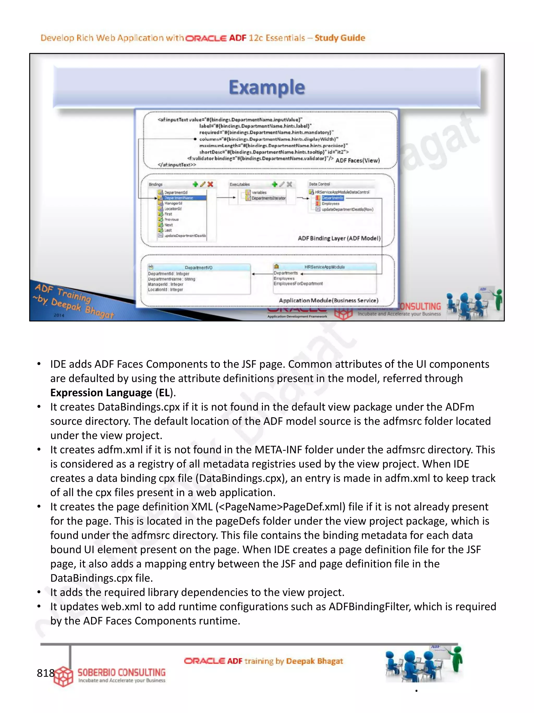 • IDE adds ADF Faces Components to the JSF page. Common attributes of the UI components
are defaulted by using the attribute definitions present in the model, referred through
Expression Language (EL).
• It creates DataBindings.cpx if it is not found in the default view package under the ADFm
source directory. The default location of the ADF model source is the adfmsrc folder located
under the view project.
• It creates adfm.xml if it is not found in the META-INF folder under the adfmsrc directory. This
is considered as a registry of all metadata registries used by the view project. When IDE
creates a data binding cpx file (DataBindings.cpx), an entry is made in adfm.xml to keep track
of all the cpx files present in a web application.
• It creates the page definition XML (<PageName>PageDef.xml) file if it is not already present
for the page. This is located in the pageDefs folder under the view project package, which is
found under the adfmsrc directory. This file contains the binding metadata for each data
bound UI element present on the page. When IDE creates a page definition file for the JSF
page, it also adds a mapping entry between the JSF and page definition file in the
DataBindings.cpx file.
• It adds the required library dependencies to the view project.
• It updates web.xml to add runtime configurations such as ADFBindingFilter, which is required
by the ADF Faces Components runtime.
818
.
 