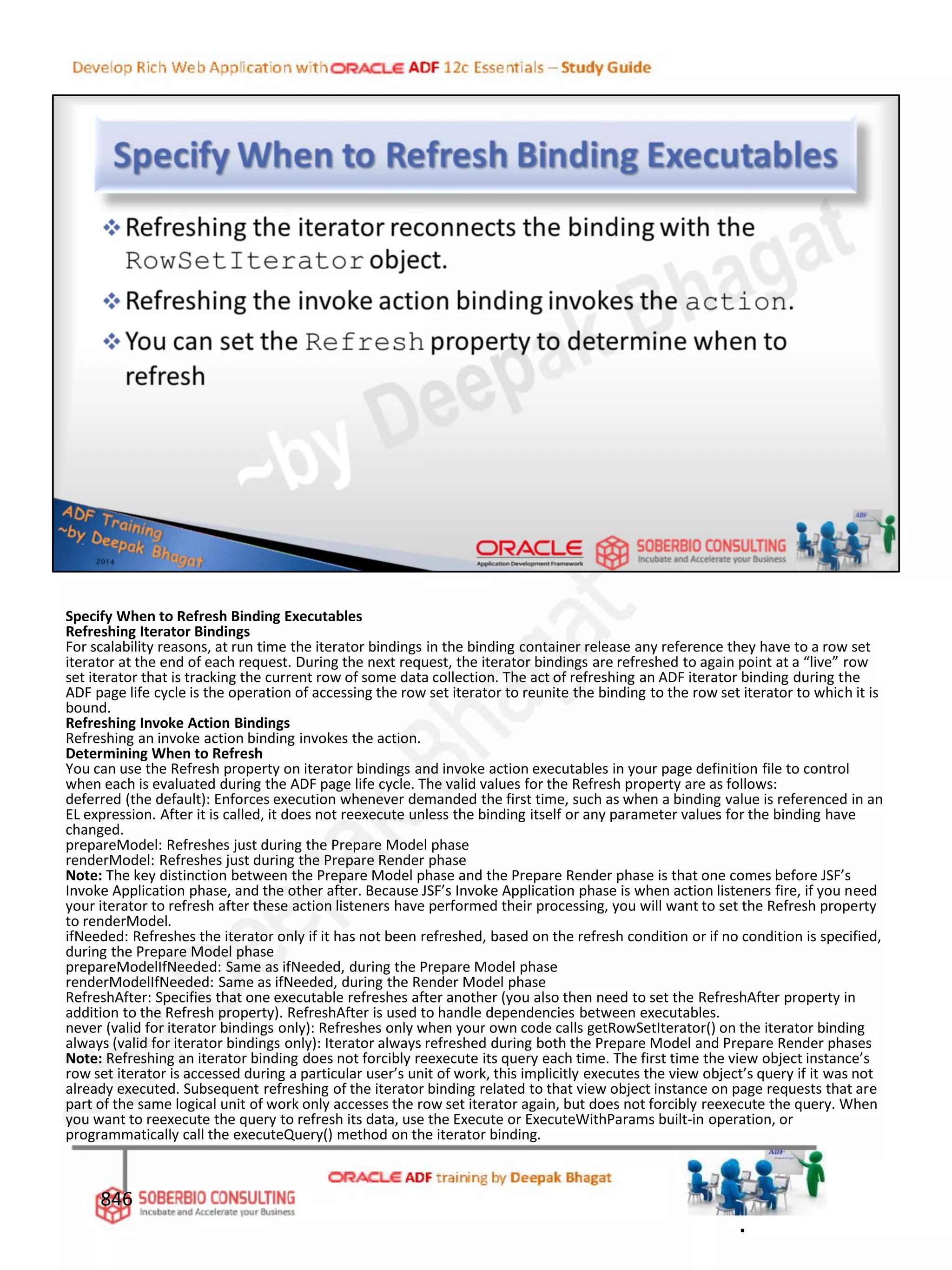 Specify When to Refresh Binding Executables
Refreshing Iterator Bindings
For scalability reasons, at run time the iterator bindings in the binding container release any reference they have to a row set
iterator at the end of each request. During the next request, the iterator bindings are refreshed to again point at a “live” row
set iterator that is tracking the current row of some data collection. The act of refreshing an ADF iterator binding during the
ADF page life cycle is the operation of accessing the row set iterator to reunite the binding to the row set iterator to which it is
bound.
Refreshing Invoke Action Bindings
Refreshing an invoke action binding invokes the action.
Determining When to Refresh
You can use the Refresh property on iterator bindings and invoke action executables in your page definition file to control
when each is evaluated during the ADF page life cycle. The valid values for the Refresh property are as follows:
deferred (the default): Enforces execution whenever demanded the first time, such as when a binding value is referenced in an
EL expression. After it is called, it does not reexecute unless the binding itself or any parameter values for the binding have
changed.
prepareModel: Refreshes just during the Prepare Model phase
renderModel: Refreshes just during the Prepare Render phase
Note: The key distinction between the Prepare Model phase and the Prepare Render phase is that one comes before JSF’s
Invoke Application phase, and the other after. Because JSF’s Invoke Application phase is when action listeners fire, if you need
your iterator to refresh after these action listeners have performed their processing, you will want to set the Refresh property
to renderModel.
ifNeeded: Refreshes the iterator only if it has not been refreshed, based on the refresh condition or if no condition is specified,
during the Prepare Model phase
prepareModelIfNeeded: Same as ifNeeded, during the Prepare Model phase
renderModelIfNeeded: Same as ifNeeded, during the Render Model phase
RefreshAfter: Specifies that one executable refreshes after another (you also then need to set the RefreshAfter property in
addition to the Refresh property). RefreshAfter is used to handle dependencies between executables.
never (valid for iterator bindings only): Refreshes only when your own code calls getRowSetIterator() on the iterator binding
always (valid for iterator bindings only): Iterator always refreshed during both the Prepare Model and Prepare Render phases
Note: Refreshing an iterator binding does not forcibly reexecute its query each time. The first time the view object instance’s
row set iterator is accessed during a particular user’s unit of work, this implicitly executes the view object’s query if it was not
already executed. Subsequent refreshing of the iterator binding related to that view object instance on page requests that are
part of the same logical unit of work only accesses the row set iterator again, but does not forcibly reexecute the query. When
you want to reexecute the query to refresh its data, use the Execute or ExecuteWithParams built-in operation, or
programmatically call the executeQuery() method on the iterator binding.
846
.
 
