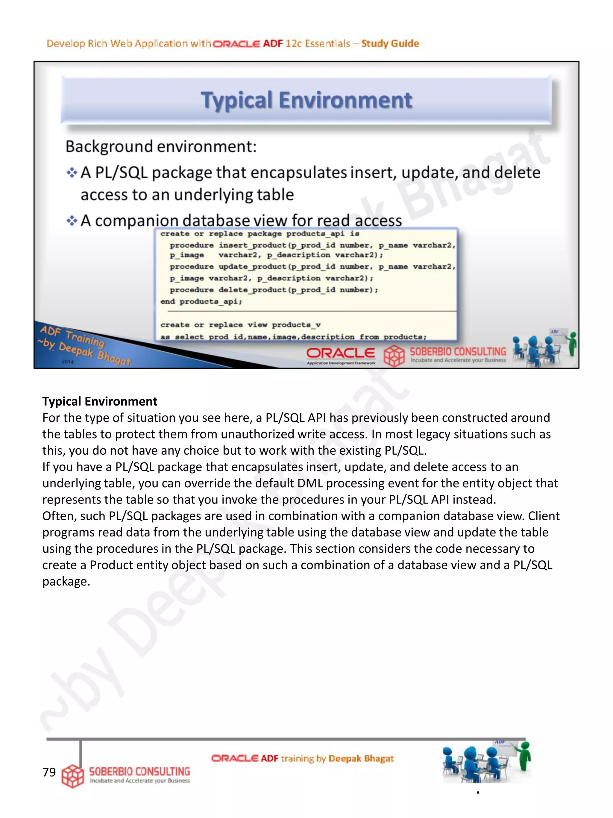 Typical Environment
For the type of situation you see here, a PL/SQL API has previously been constructed around
the tables to protect them from unauthorized write access. In most legacy situations such as
this, you do not have any choice but to work with the existing PL/SQL.
If you have a PL/SQL package that encapsulates insert, update, and delete access to an
underlying table, you can override the default DML processing event for the entity object that
represents the table so that you invoke the procedures in your PL/SQL API instead.
Often, such PL/SQL packages are used in combination with a companion database view. Client
programs read data from the underlying table using the database view and update the table
using the procedures in the PL/SQL package. This section considers the code necessary to
create a Product entity object based on such a combination of a database view and a PL/SQL
package.
79
.
 