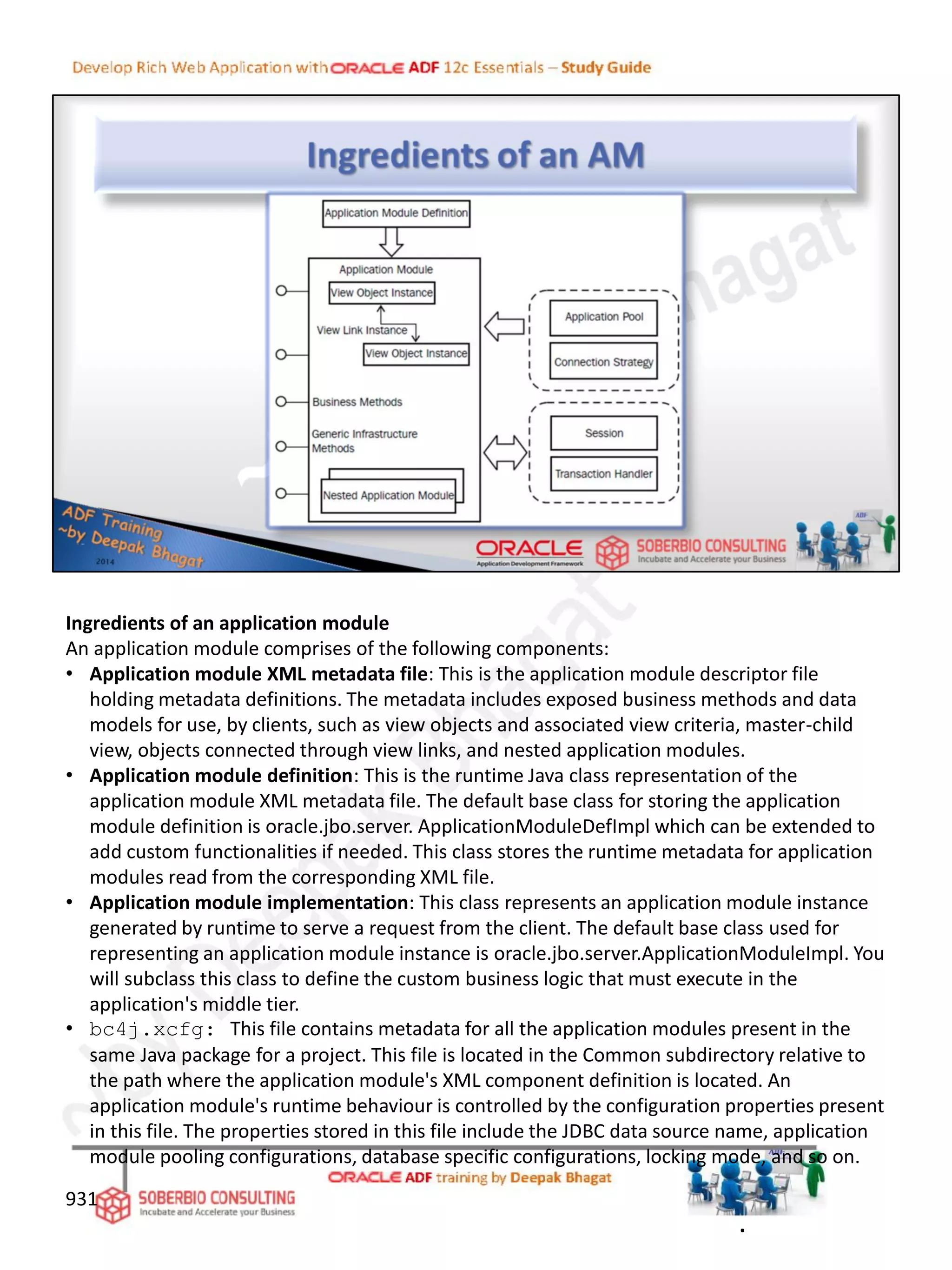 Ingredients of an application module
An application module comprises of the following components:
• Application module XML metadata file: This is the application module descriptor file
holding metadata definitions. The metadata includes exposed business methods and data
models for use, by clients, such as view objects and associated view criteria, master-child
view, objects connected through view links, and nested application modules.
• Application module definition: This is the runtime Java class representation of the
application module XML metadata file. The default base class for storing the application
module definition is oracle.jbo.server. ApplicationModuleDefImpl which can be extended to
add custom functionalities if needed. This class stores the runtime metadata for application
modules read from the corresponding XML file.
• Application module implementation: This class represents an application module instance
generated by runtime to serve a request from the client. The default base class used for
representing an application module instance is oracle.jbo.server.ApplicationModuleImpl. You
will subclass this class to define the custom business logic that must execute in the
application's middle tier.
• bc4j.xcfg: This file contains metadata for all the application modules present in the
same Java package for a project. This file is located in the Common subdirectory relative to
the path where the application module's XML component definition is located. An
application module's runtime behaviour is controlled by the configuration properties present
in this file. The properties stored in this file include the JDBC data source name, application
module pooling configurations, database specific configurations, locking mode, and so on.
931
.
 