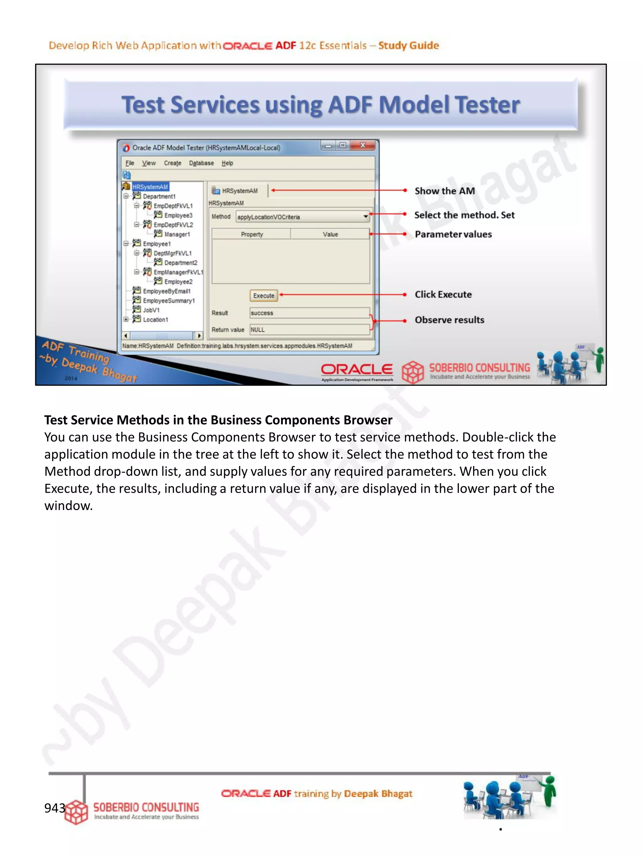 Test Service Methods in the Business Components Browser
You can use the Business Components Browser to test service methods. Double-click the
application module in the tree at the left to show it. Select the method to test from the
Method drop-down list, and supply values for any required parameters. When you click
Execute, the results, including a return value if any, are displayed in the lower part of the
window.
943
.
 