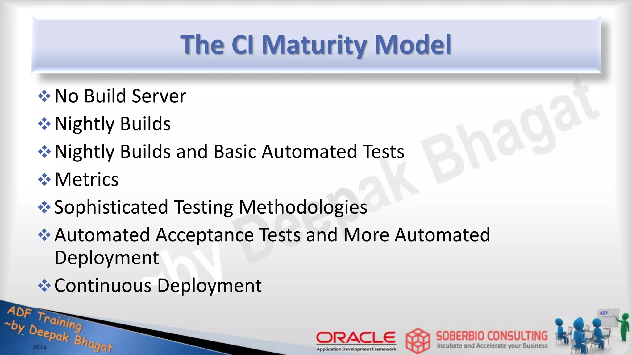 The CI Maturity Model No Build Server Nightly Builds Nightly Builds and Basic Automated Tests Metrics Sophisticated Testing Methodologies Automated Acceptance Tests and More Automated Deployment Continuous Deployment 