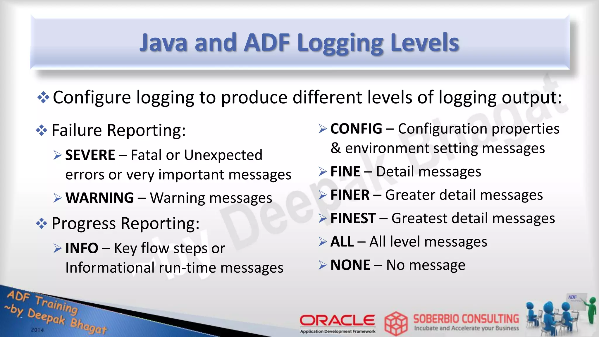 Java and ADF Logging Levels  Failure Reporting: SEVERE – Fatal or Unexpected errors or very important messages WARNING – Warning messages  Progress Reporting: INFO – Key flow steps or Informational run-time messages CONFIG – Configuration properties & environment setting messages FINE – Detail messages FINER – Greater detail messages FINEST – Greatest detail messages ALL – All level messages NONE – No message Configure logging to produce different levels of logging output: 
