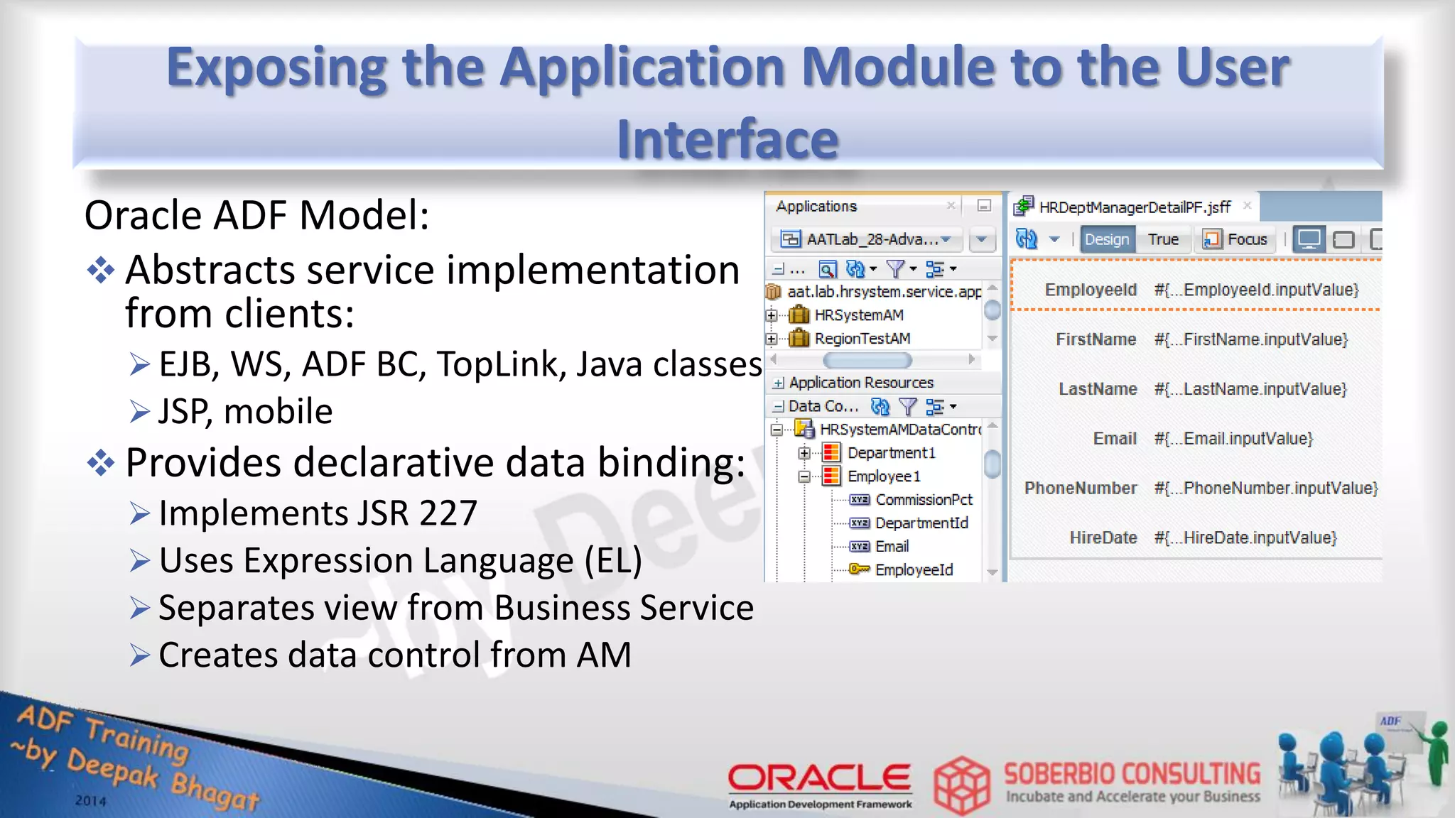 Exposing the Application Module to the User Interface Oracle ADF Model:  Abstracts service implementation from clients: EJB, WS, ADF BC, TopLink, Java classes JSP, mobile  Provides declarative data binding: Implements JSR 227 Uses Expression Language (EL) Separates view from Business Service Creates data control from AM 